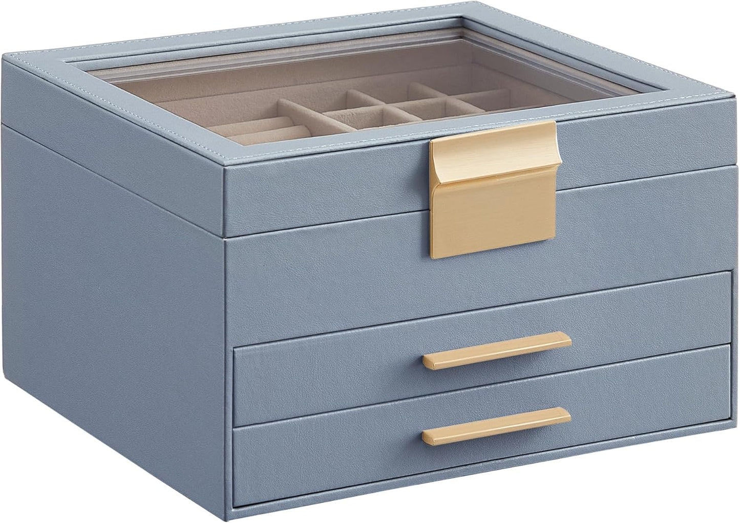 SONGMICS Jewelry Box Organizer with Glass Lid, 3-Layer Jewelry Storage, with 2 Drawers, Modern Style, Christmas Gift, 8 x 9.1 x 5.3 Inches, Smoky Blue and Gold Color UJBC239Q01
