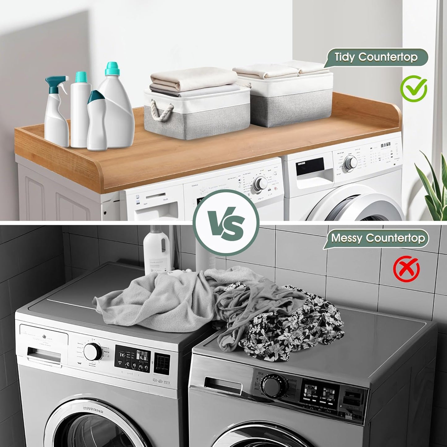 Washer Dryer Countertop with 2 Pack Storage Baskets, Wood Washer and Dryer Countertop with Non-Slip Pads/Edge Rails for Laundry Room Storage and Organization, 27.5" W x 54" L(Dark Woodcolor)