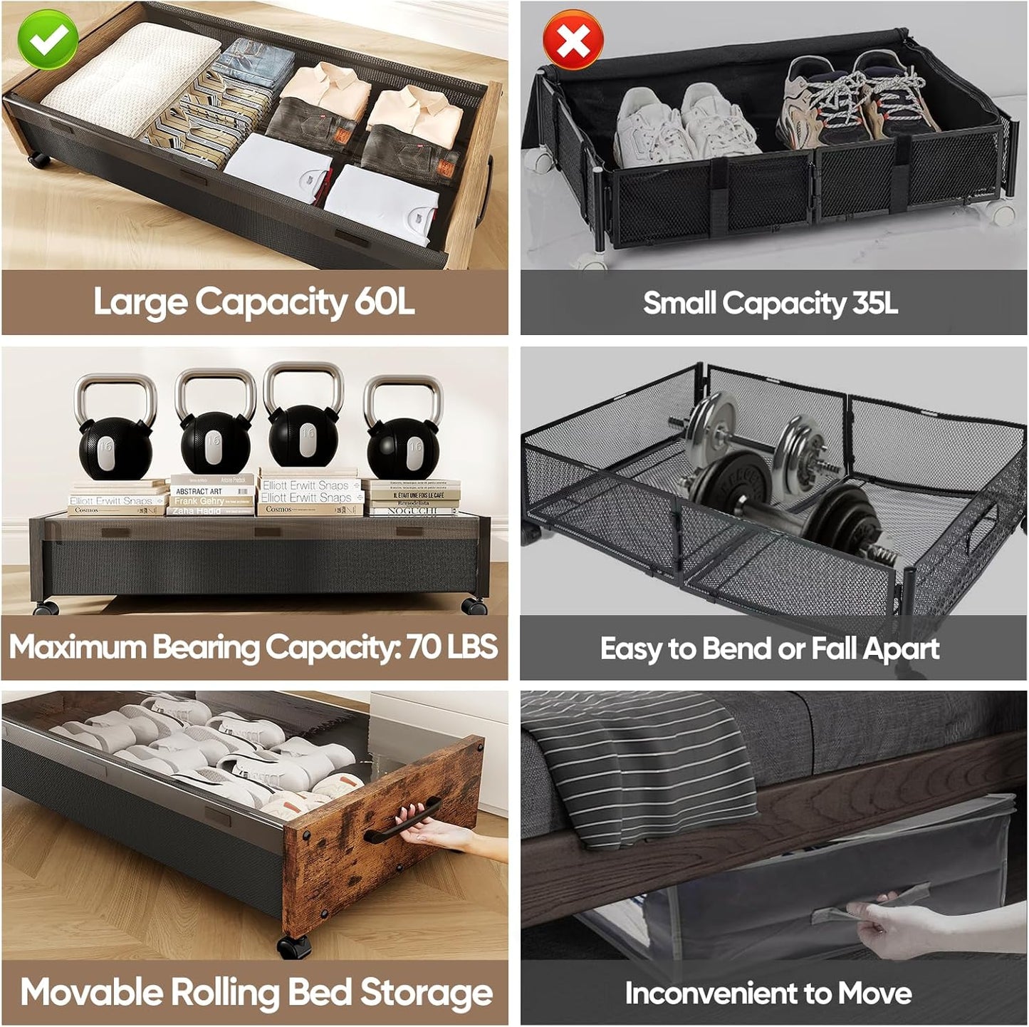 KITHELP Under Bed Storage with Wheels, Under Bed Shoe Storage, Under the Bed Storage Drawers with Remove Window, Extra Large Rolling Under Bed Storage Metal Drawer for Clothes (Black Wood-1pack)