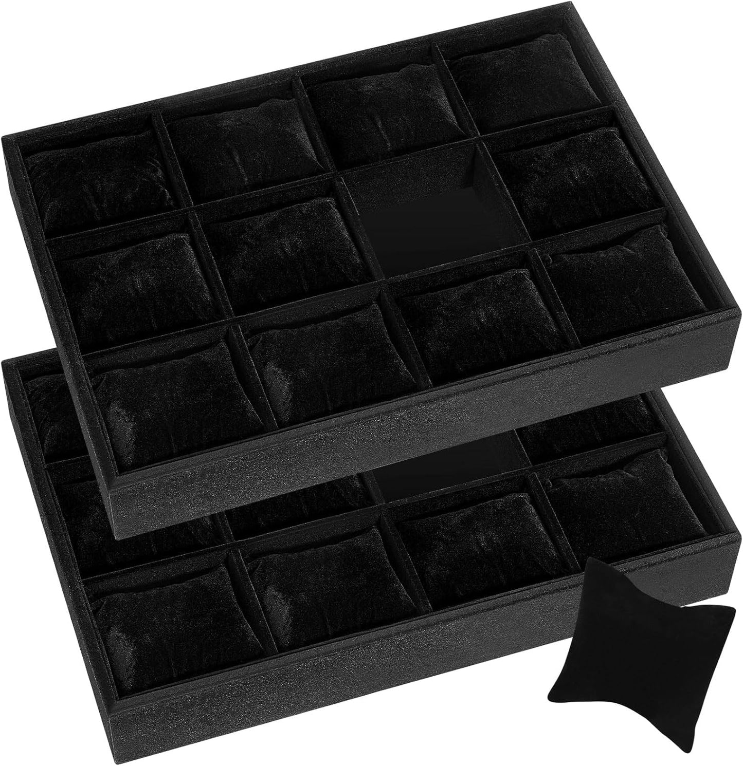 Henoyso 2 Pieces 12 Grid Velvet Watch Tray Jewelry Organizer Stackable Watch Bracelet Bangle Display Holder Adjustable Pillow(Black)