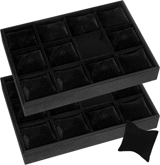 Henoyso 2 Pieces 12 Grid Velvet Watch Tray Jewelry Organizer Stackable Watch Bracelet Bangle Display Holder Adjustable Pillow(Black)