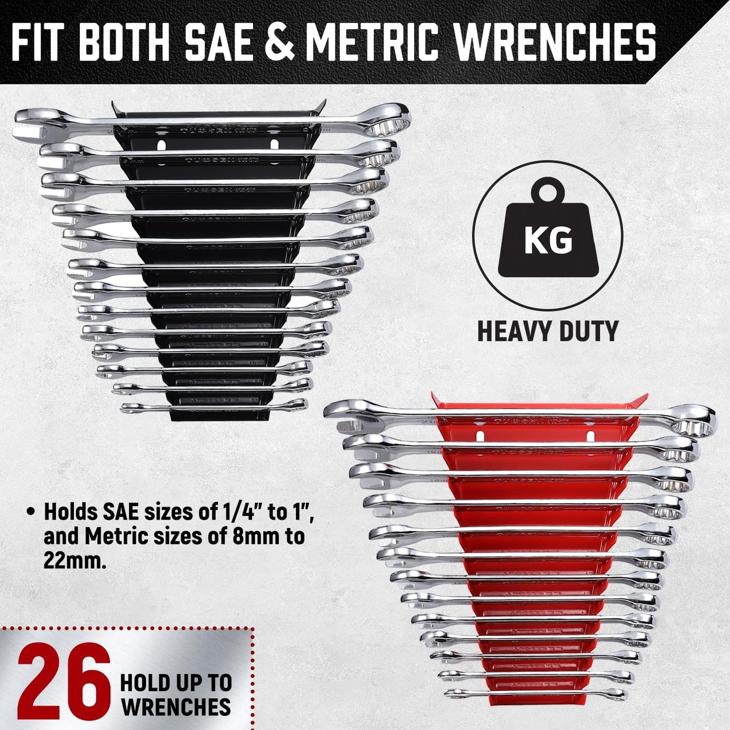 ALOANES 26-Slot Metal Wrench Organizer, Heavy Duty Hanging Wrench Organizer Tray for Tool Box&Wall, Fit SAE & Metric Wrench Storage, 2 Pack Wrench Holders (Red&Black)