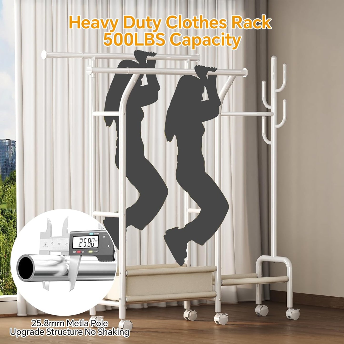 Homeiju Heavy Duty Clothes Rack Load 500LBS, Three Rods Clothing Racks for Hanging Clothes Extendable, Rolling Garment Rack with Sturdy Wheels, Basket, Storage Shelves, White