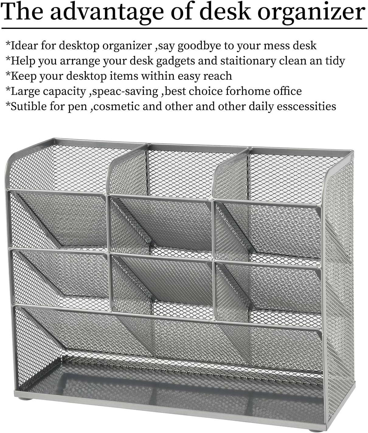 Marbrasse Mesh Desk Organizer, Multi-Functional Pen Holder, Desktop Stationary Organizer, Storage Rack for School, Home, Office, Art Supplies (Mesh Pen Holder-Silver)