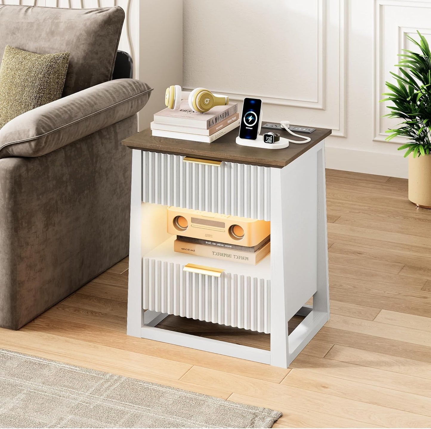 HIFYOBRO Fluted Nightstands with Charging Station & Motion Sensor Light, Modern Bedside Tables with 2 Drawers and Storage Shelf for Bedroom, White