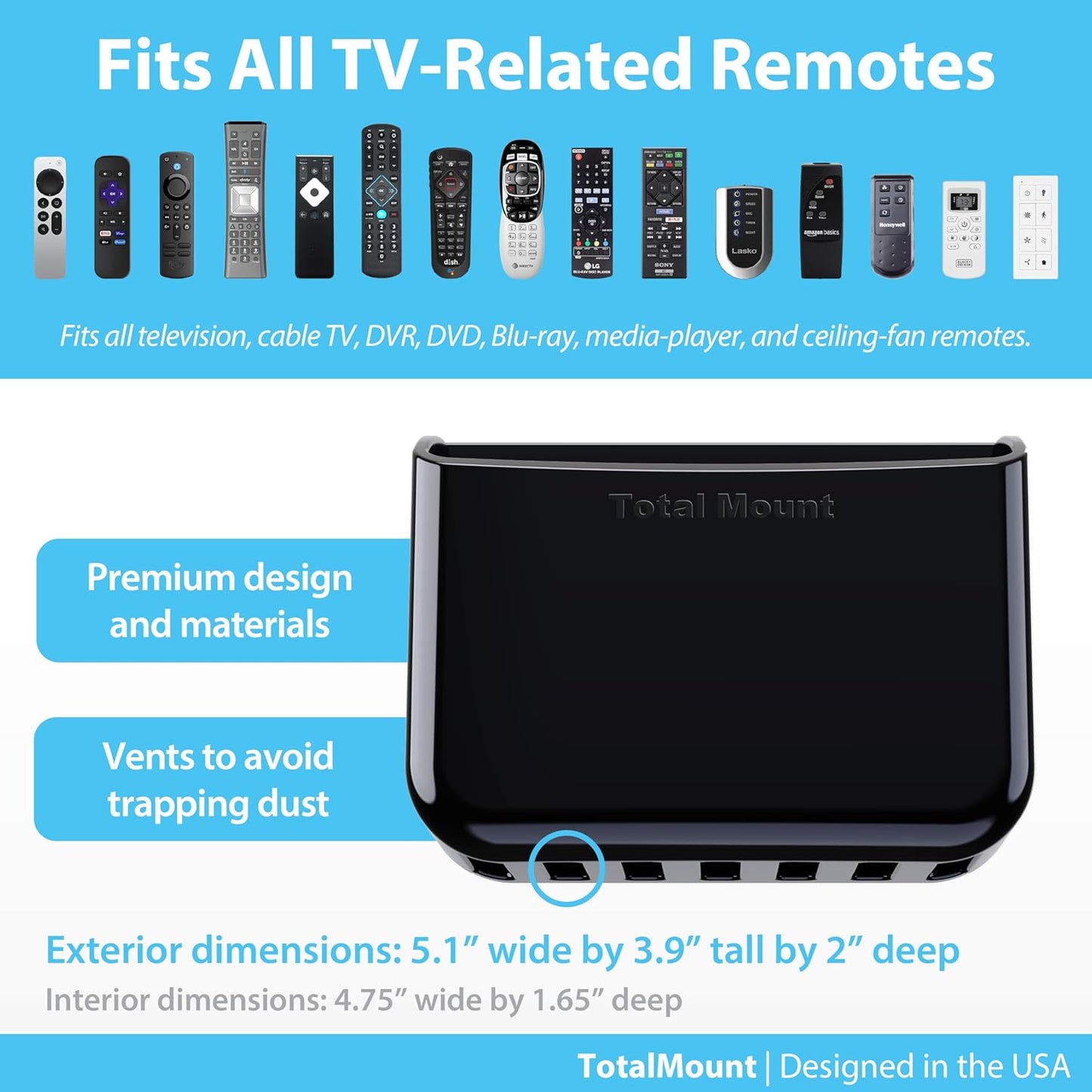 TotalMount Universal Remote Control Holder – Attaches to Wall or Back of TV – Compatible with All TV Remotes (Premium Black, Large)