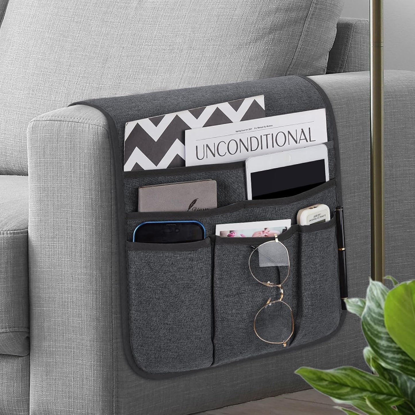 Teniux Remote Control Holder Armchair Caddy for Recliner Couch, Non-Slip Armrest Organizer with 5 Pockets for Magazine, Tablet, Phone, iPad (Dark Grey)