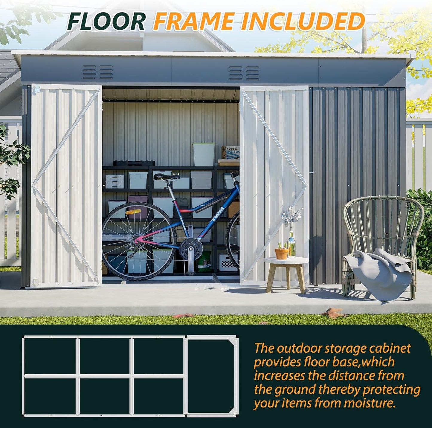 Large Outdoor Storage Shed, 10' X 4' Metal Galvanized Steel Garden Sheds with 4 Vents & Open Storage Area, Utility Tool Shed for Backyard, Patio, Lawn, Gray