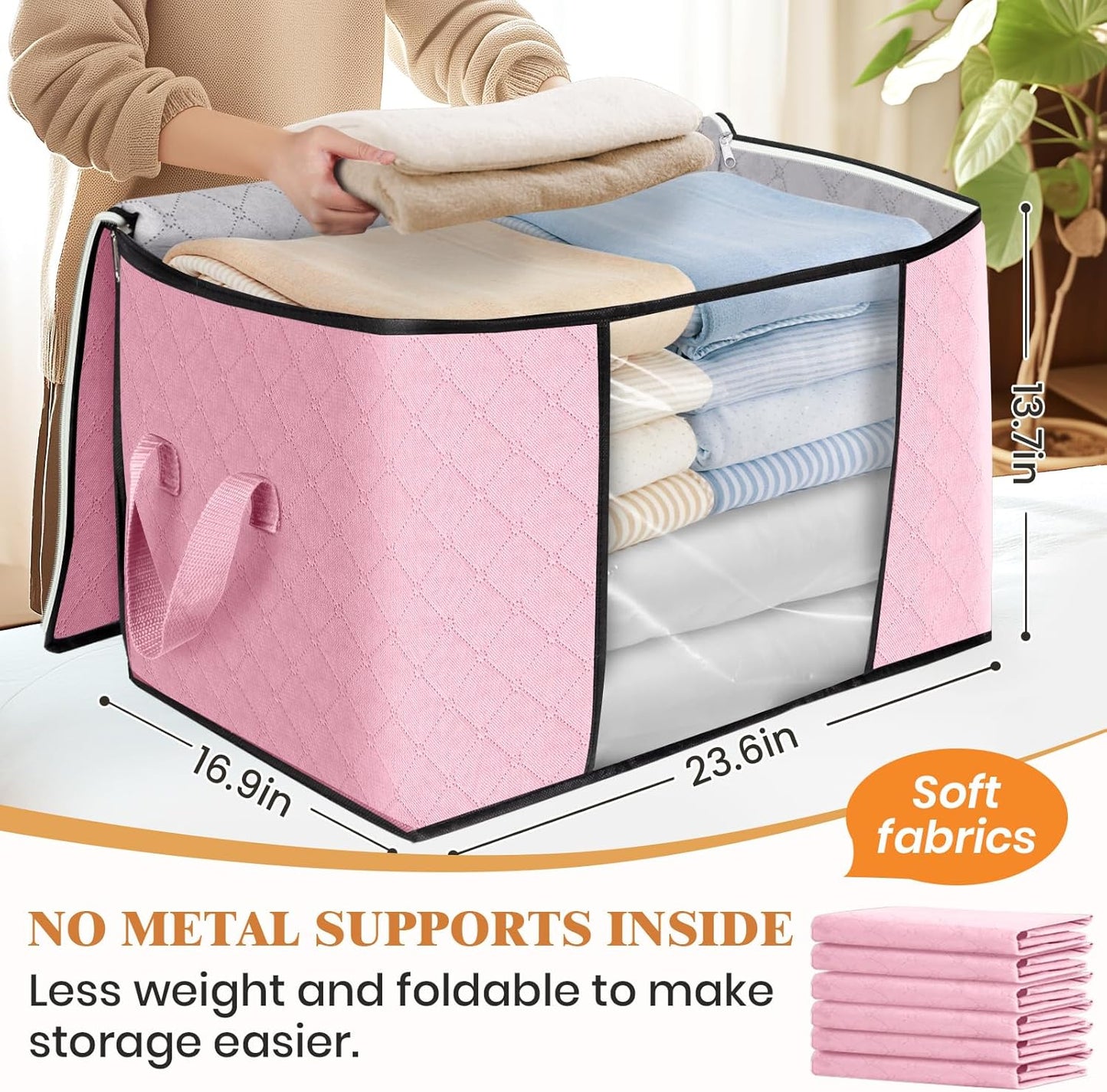 Fab totes 24 Gallons Clothes Storage, Foldable Thick Fabric Blanket Storage Bags, Containers for Organizing Bedroom, Closet, Clothing, Comforter, Organization with Handle (4 Pack,Pink)