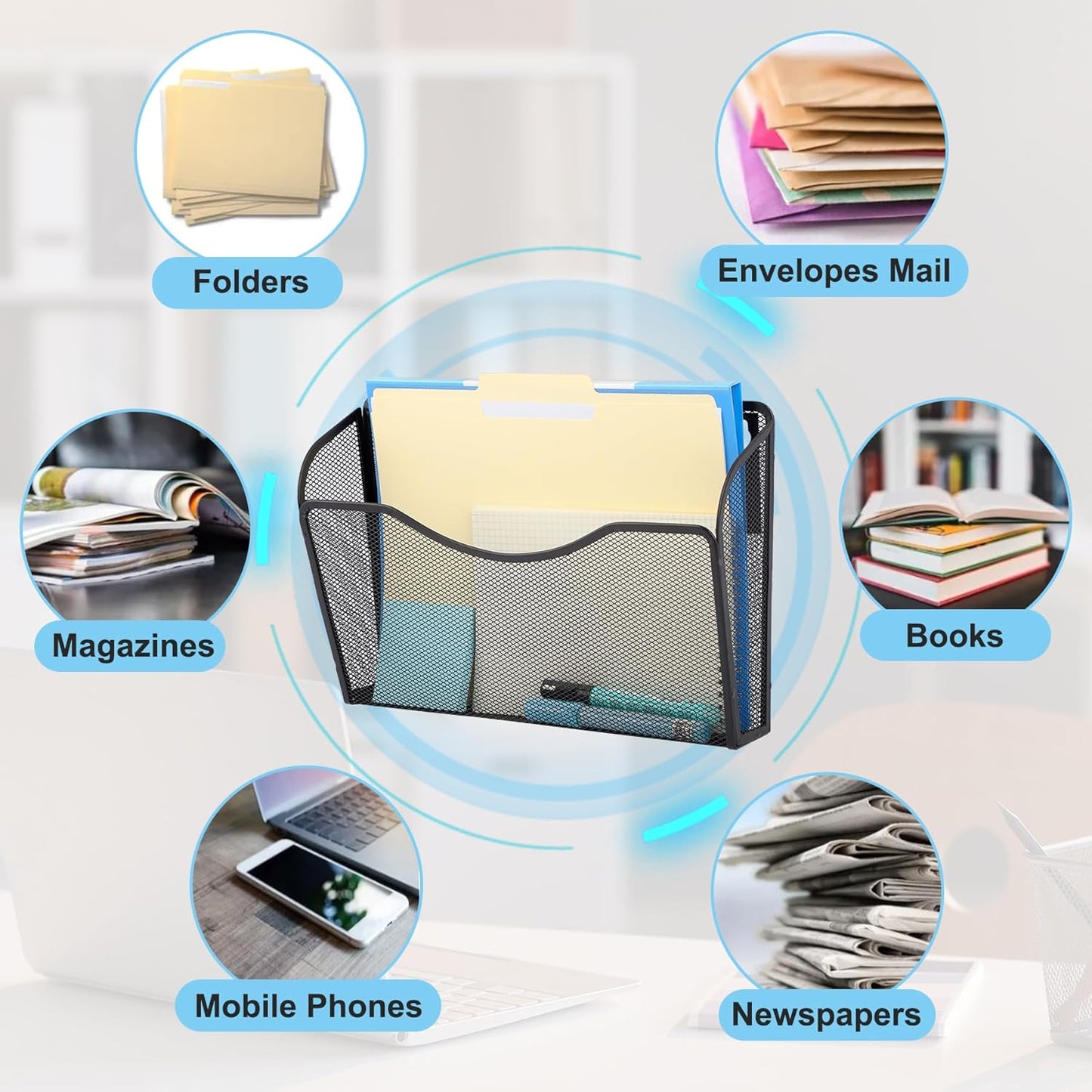 EASEPRES Magnetic 3 Single Pocket Mesh Hanging File Organizer, Vertical Wall Mounted Magazine File Holder, Mount Basket Mail Paper Document Folder Organizing for Office, Home and School, Black