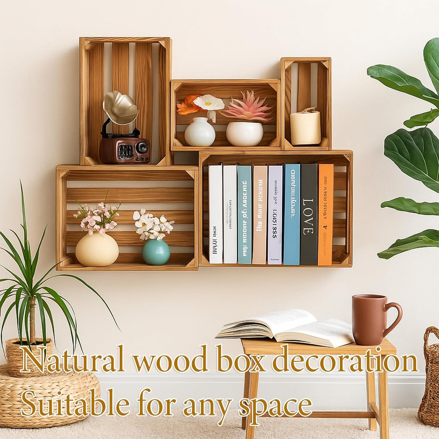 5 Pcs Decorative Nesting Wooden Crates for Storage Display Rustic, Large Torched Wood Storage Crates, Large Farmhouse Wooden Basket with Handle for Storages Container and Decorations, 5 Size