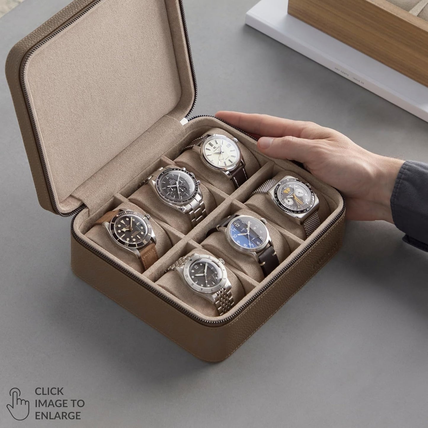 TAWBURY Watch Case - 6 Slot Genuine Top-Grain Leather Watch Box for Men & Women with Extra Wide Pillows for Large Watches - Portable Wristwatch Storage for Home & Travel (Taupe)