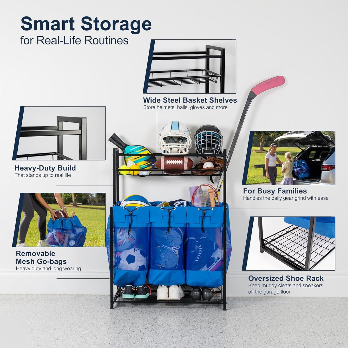 KASSELL Garage Sports Organizer Storage rack for sports equipment Ball, Heavy Duty Toy and Gear Storage Organizer with Grab and go bags (Blue)
