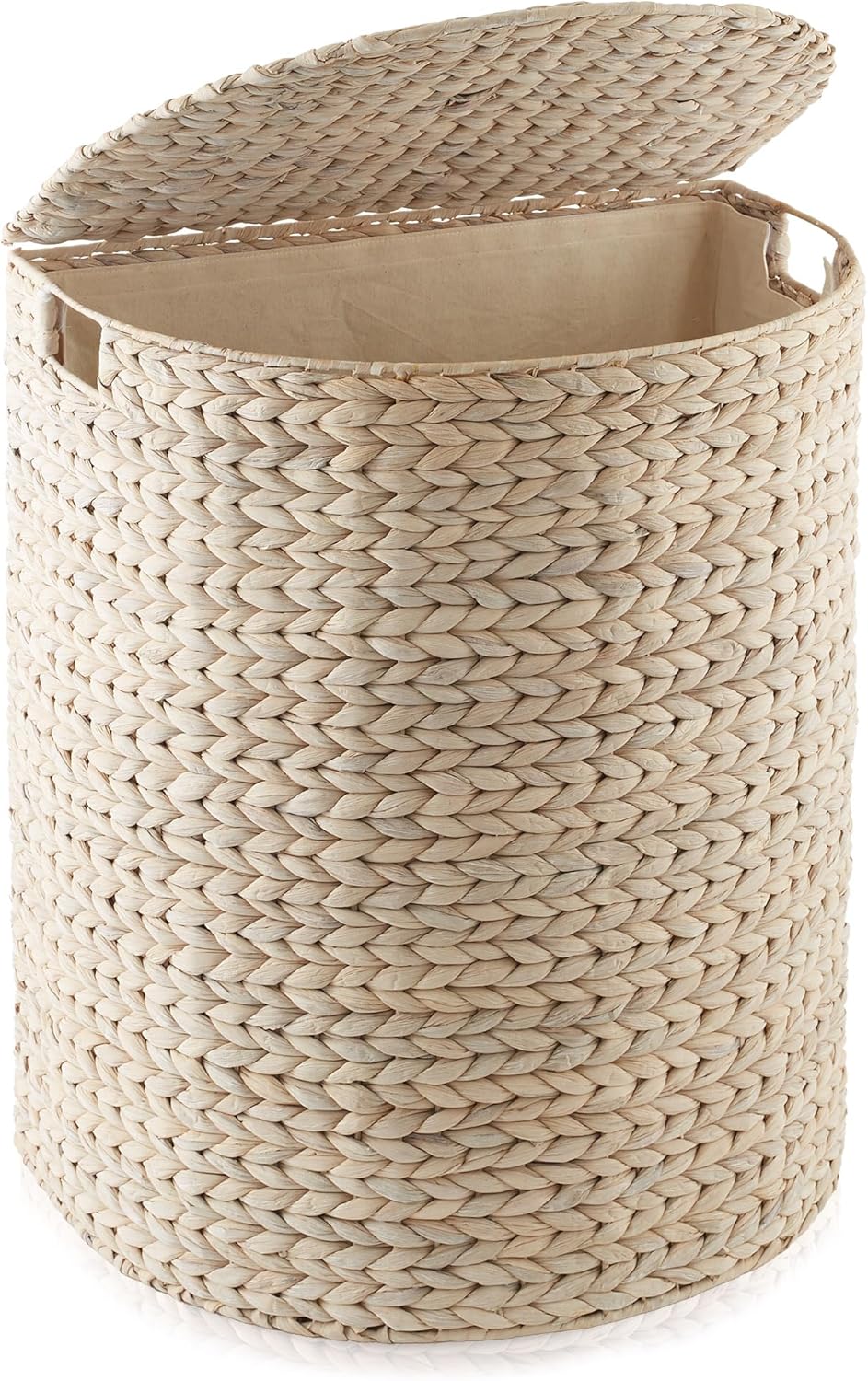 Casafield Half Moon Laundry Hamper with Lid and Removable Liner Bag - Whitewash, Woven Water Hyacinth Laundry Basket for Clothes and Towels