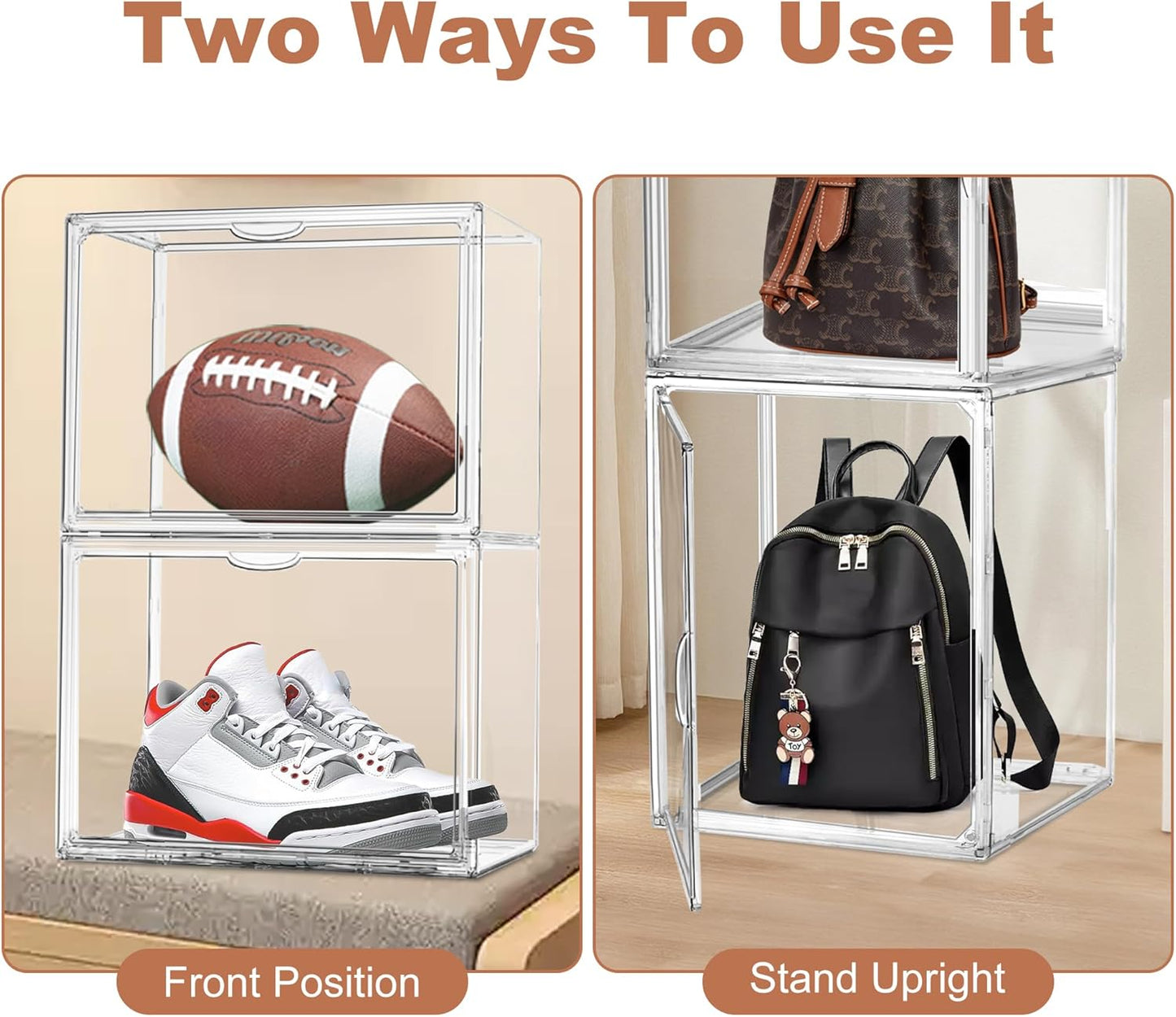 4 Pack Clear Shoe Box Organizer,Size 14 Acrylic Display Cases for Book Cosmetic Figures Collectibles Showcase,X-Large Bag Stackable Plastic Storage Bins with Magnetic Lid