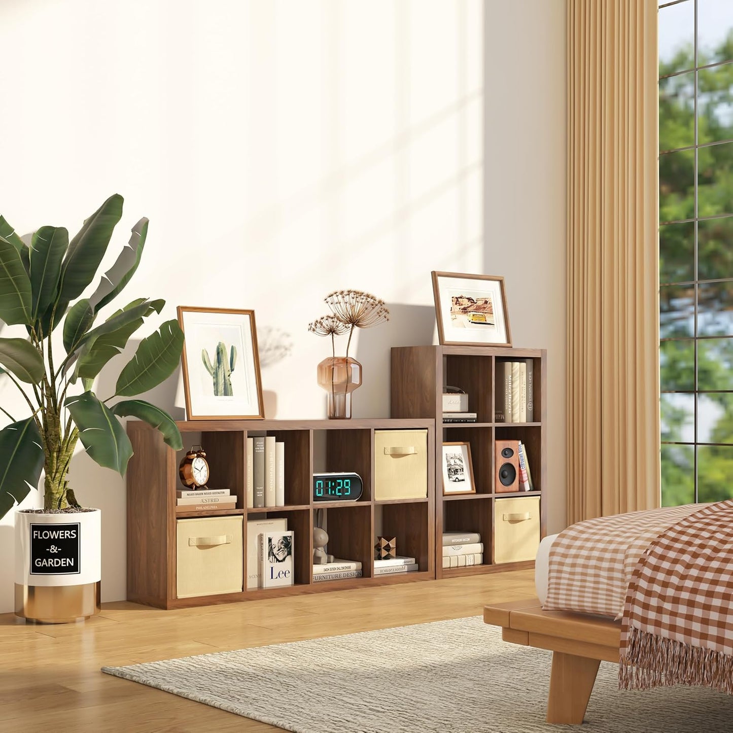 Bookshelf with Storage Bin, 4-Cube Storage Organizer, Modern Wood Open Bookcase, Multifunctional Display Shelf for Living Room, Bedroom, Home Office, Classic Oak