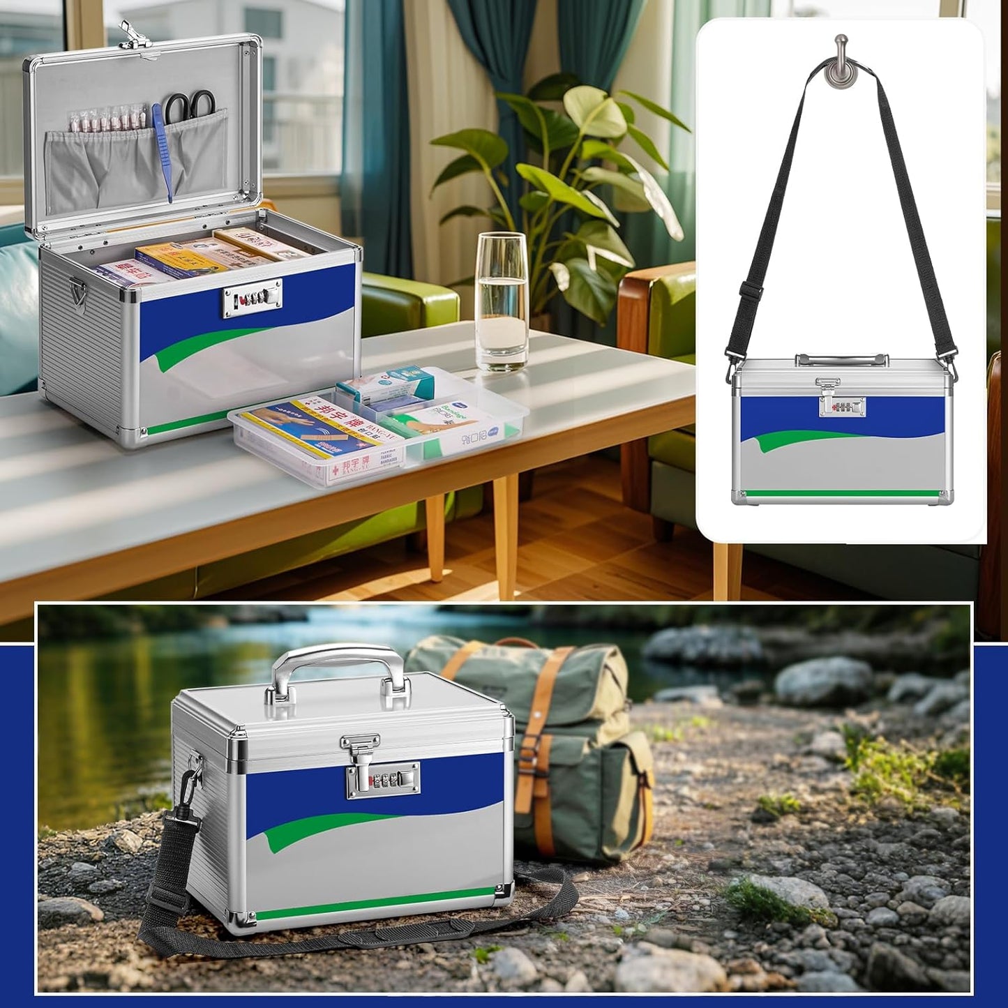Medicine Lock Box with Combination Lock - 15 * 8.7 * 9.4”, First Aid Safe Medication Storage Organizer Pill Container for Home and Outdoor - Silver