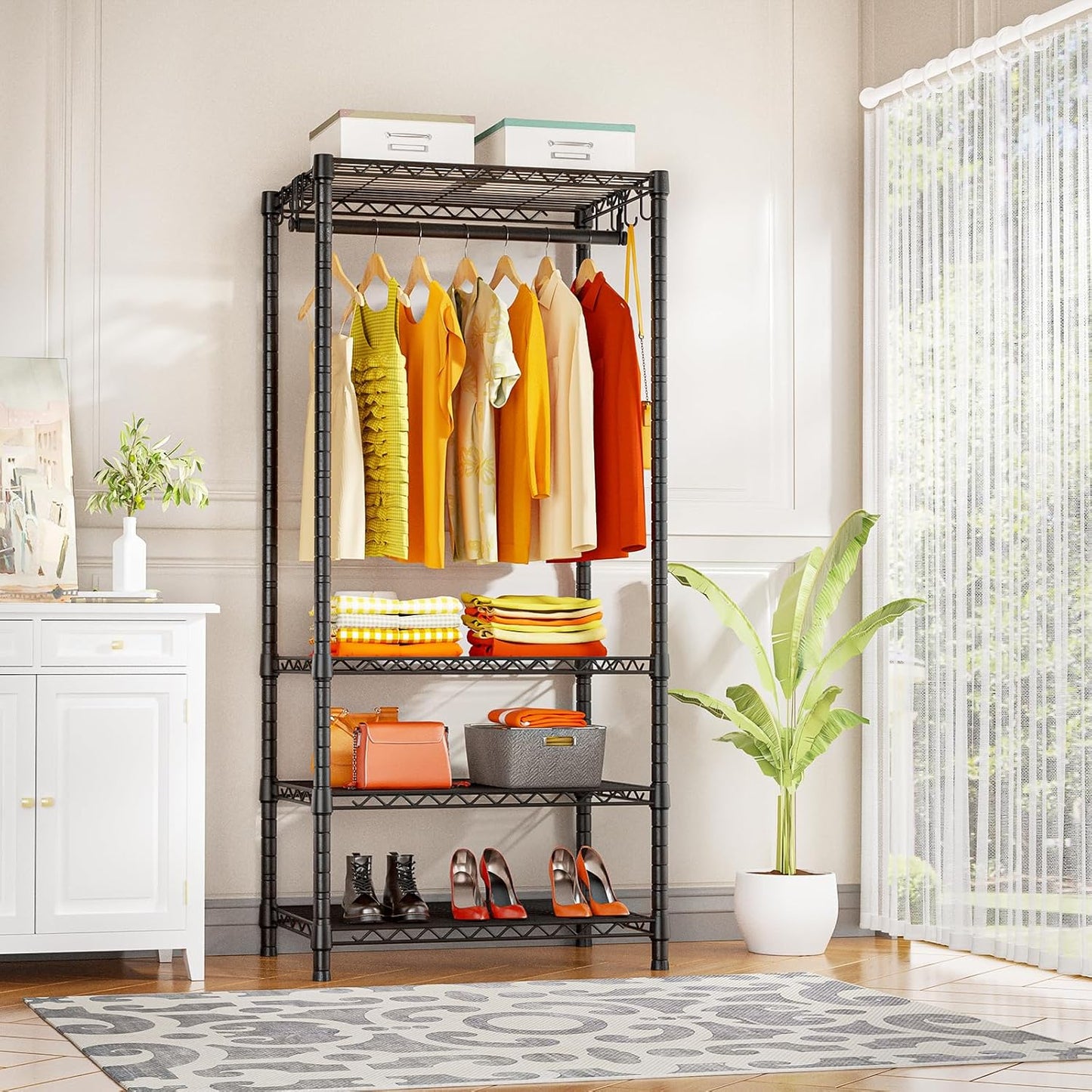 Ulif H4 Mini Portable Closet, 4 Tiers Freestanding Clothing Garment Rack for Small Space, Metal Clothes Wardrobe System for Bedroom, 23.6" W x 14" D x 76.4" H, Load 502 lbs, Black