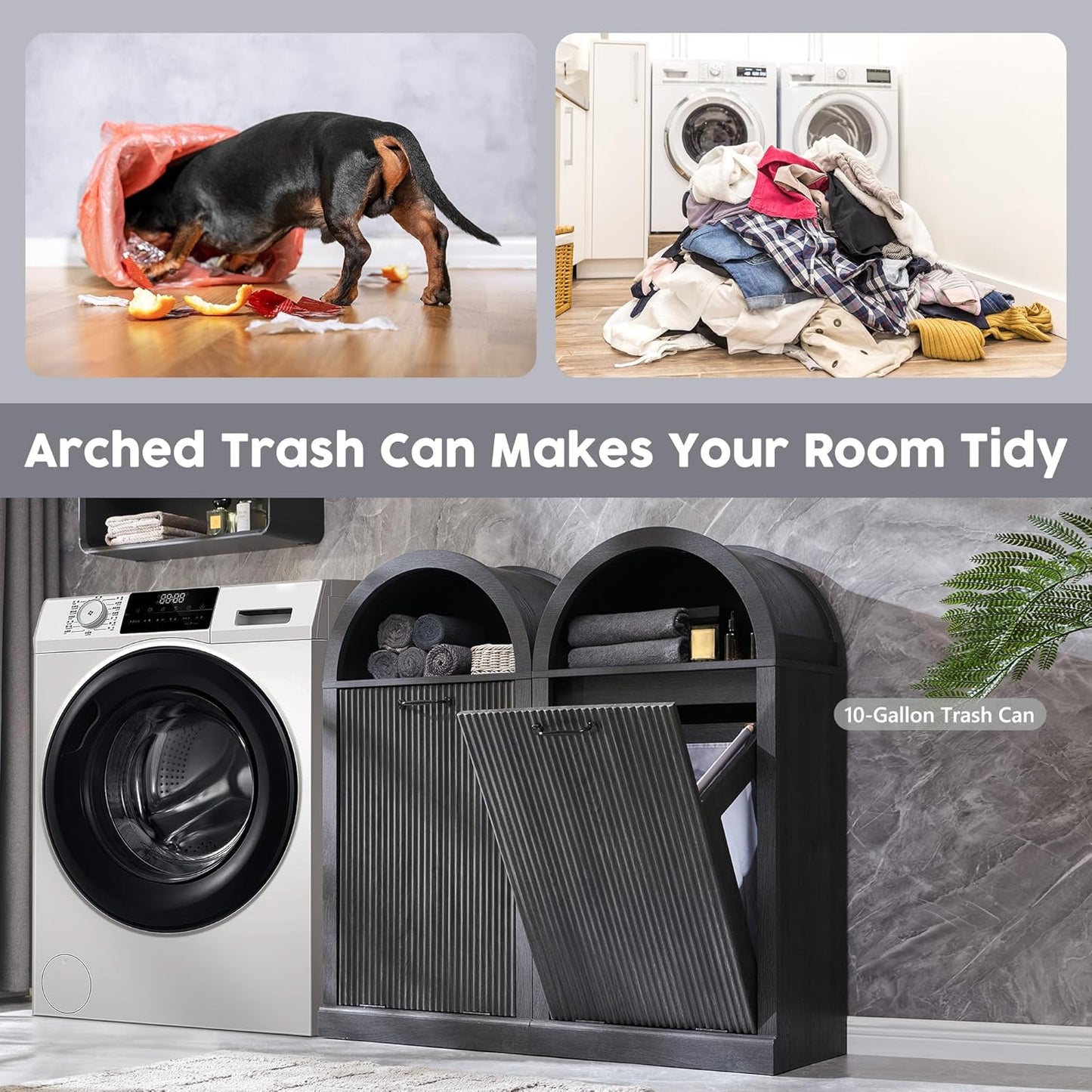 Arched Tilt-Out Trash Can Cabinet, Fluted 10 Gallon Trash Can with Open Shelf, Modern Laundry Hamper Cabinet, Hidden Garbage Can with Storage Basket for Kitchen, Living Room, Dark Grey