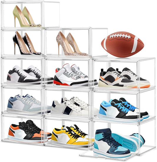 12 Pack Acrylic Shoe Boxes, Size 12 Clear Plastic Stackable Shoe Storage Boxes with Magnetic Lid Acrylic Display Case Sneaker Containers Underbed Closet Make-Up Storage Box