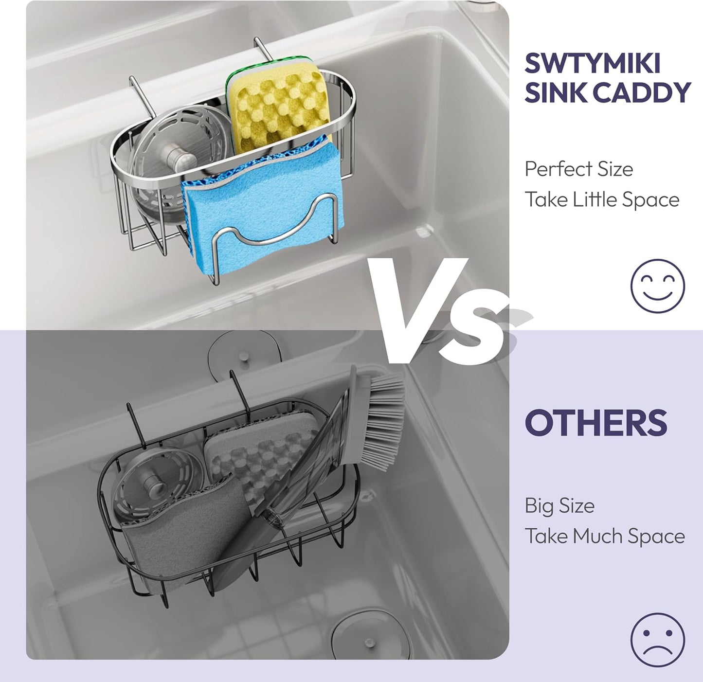 SWTYMIKI Sponge Holder for Kitchen Sink - Movable Kitchen Caddy with M Shape Hook, Stainless Steel Hanging Sponge Caddy for Sponges, Brush, Stopper Organizer in Double Bowl Sink, Silver