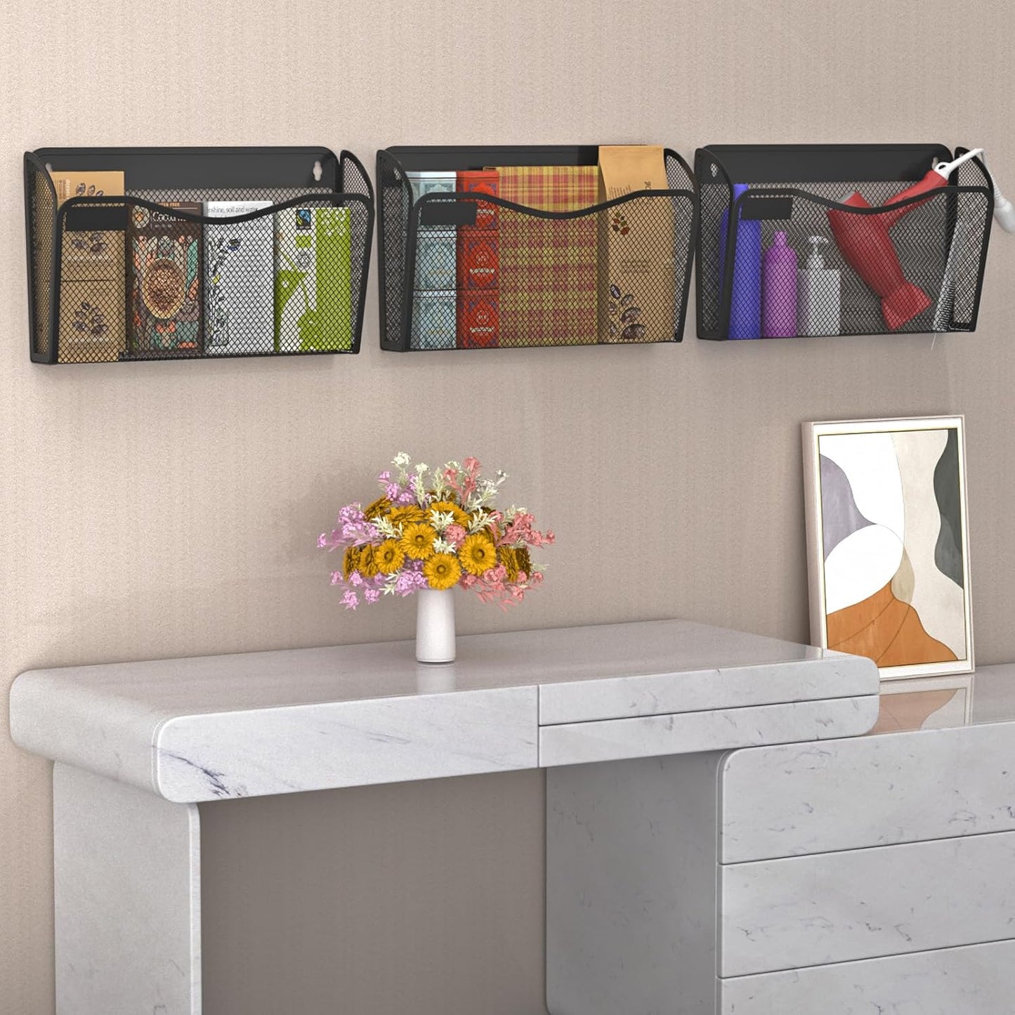 Wall File Organizer, Mesh Hanging File Organizer, Home Office Organization and Storage, 6 Single Pockets Document Magazine Rack