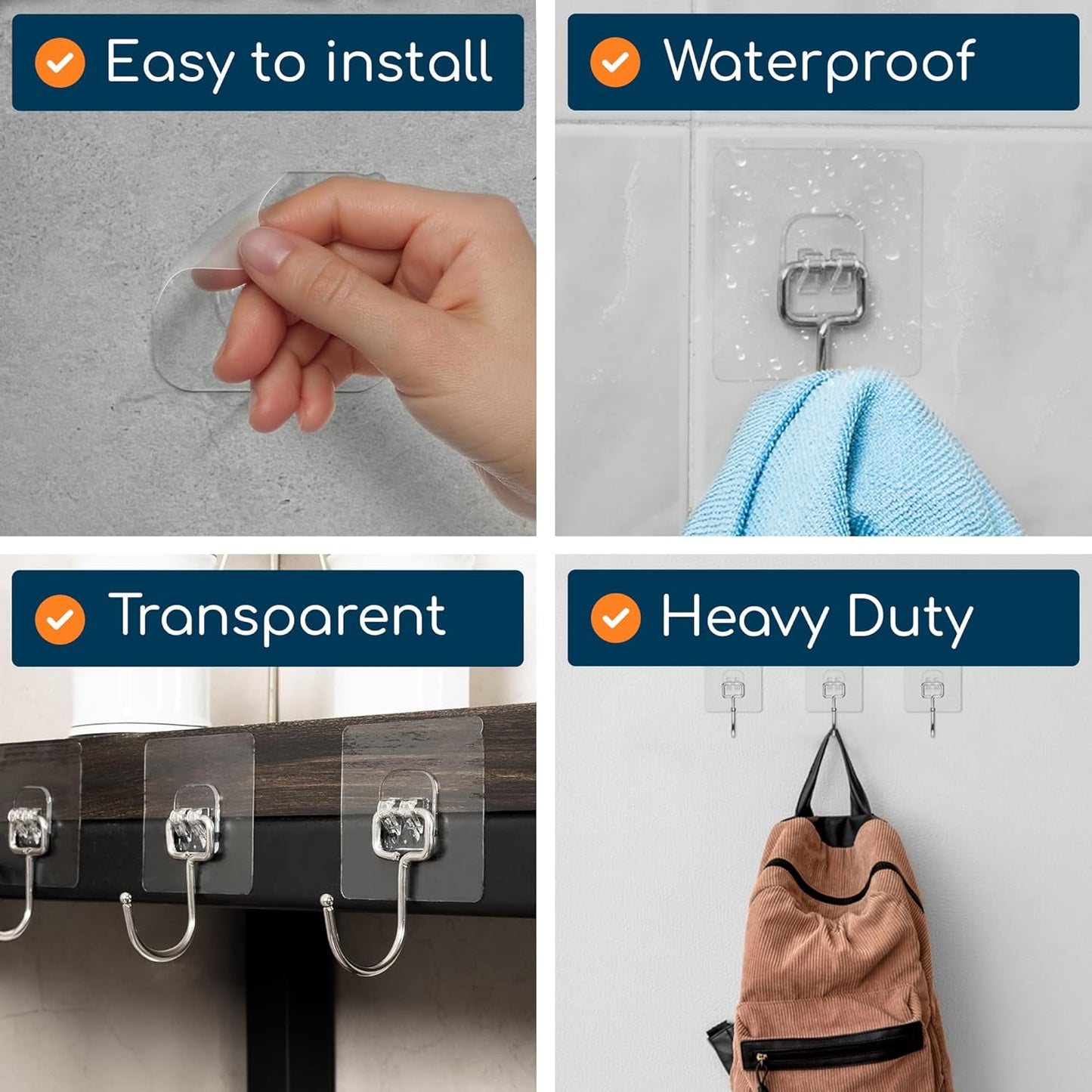 GLUIT Adhesive Large Wall Hooks for Hanging Heavy Duty 22 lbs Hooks for Walls No Damage, Towel Sticky Clear Hooks, Waterproof, Home, Bathroom, Kitchen, Office, and Outdoor 40 Pack