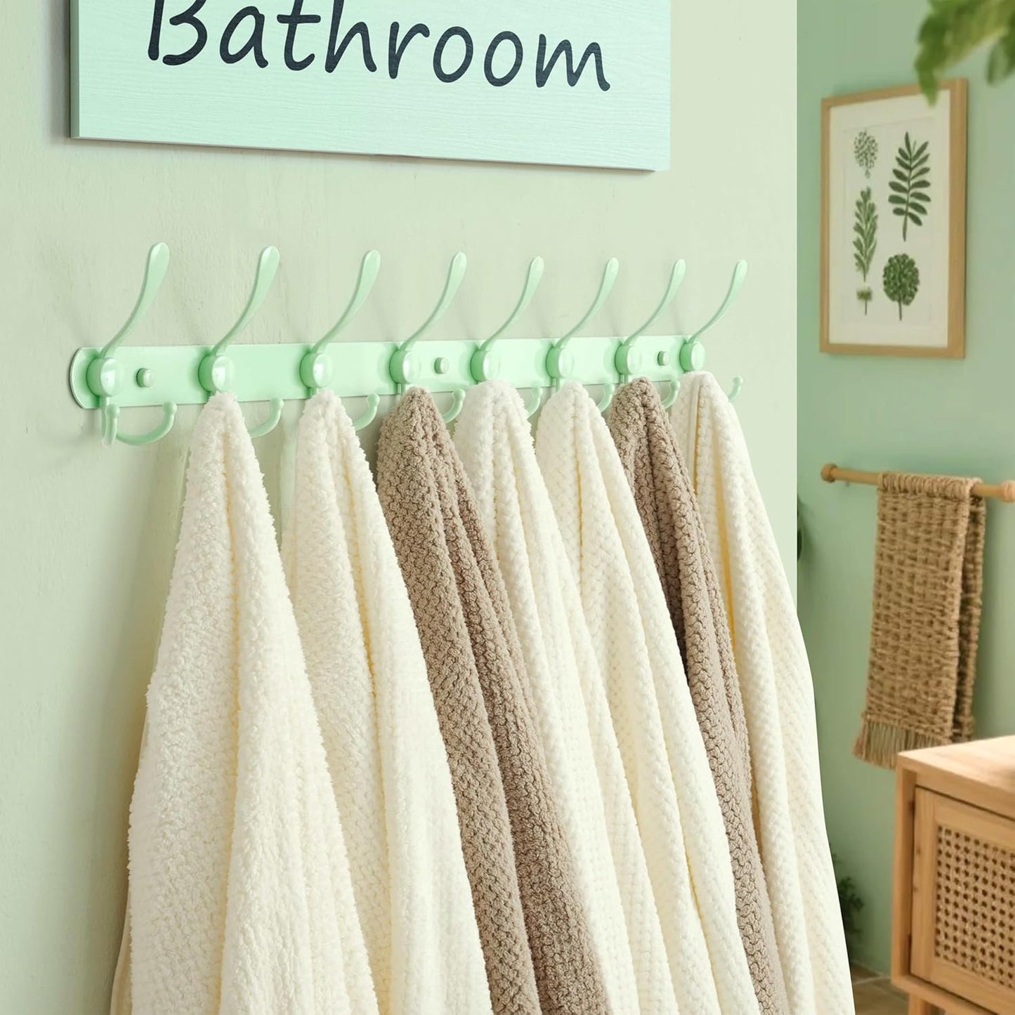 Dseap Coat Rack Wall Mount - 29.5” Long 8-Tri-Hooks Heavy Duty Coat Hanger Rail Wall Hooks for Hanging Coats Hats Clothing Clothes Purse Mudroom Entryway, Green, Pack of 2