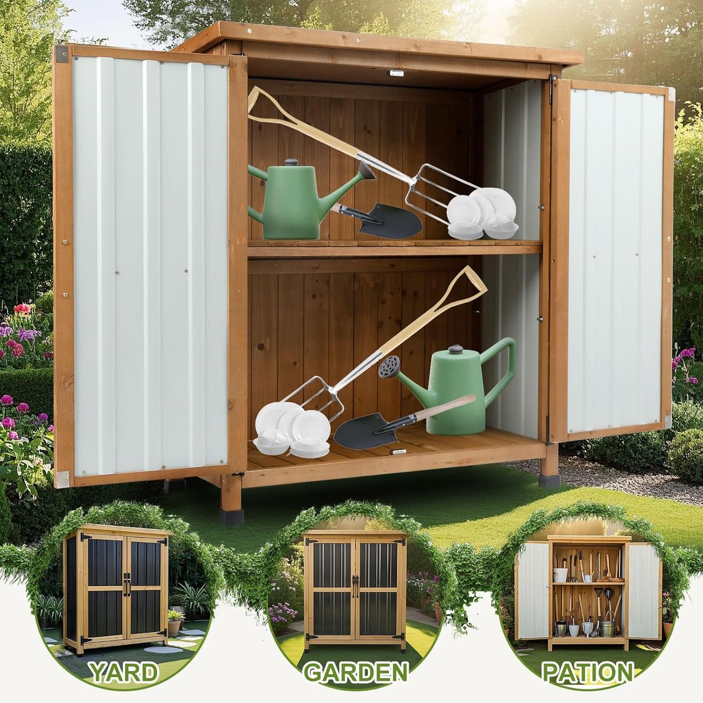 Outdoor Storage Cabinet, Small Wood & Metal Storage Shed with Lockable Doors & Adjustable Shelves, Vertical Outdoor Cabinets for Patio Backyard,Garden Tool Shed and Accessories, Brown