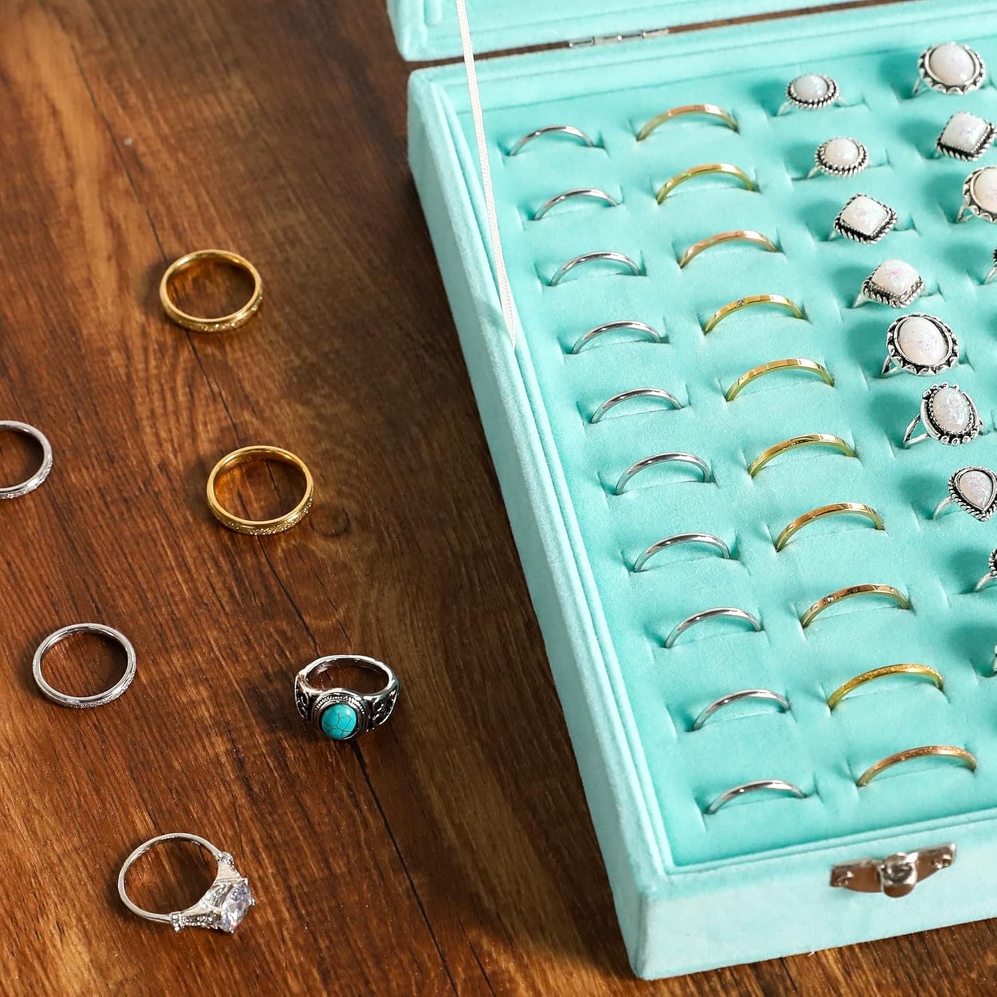 Frebeauty Ring Organizer Tray 100 Slots Ring Holder with Clear Lid Velvet Storage Box Jewelry Tray for Jewelry Store Earring Display Case for Jewelry Show Studs Box for Women(Turquoise)