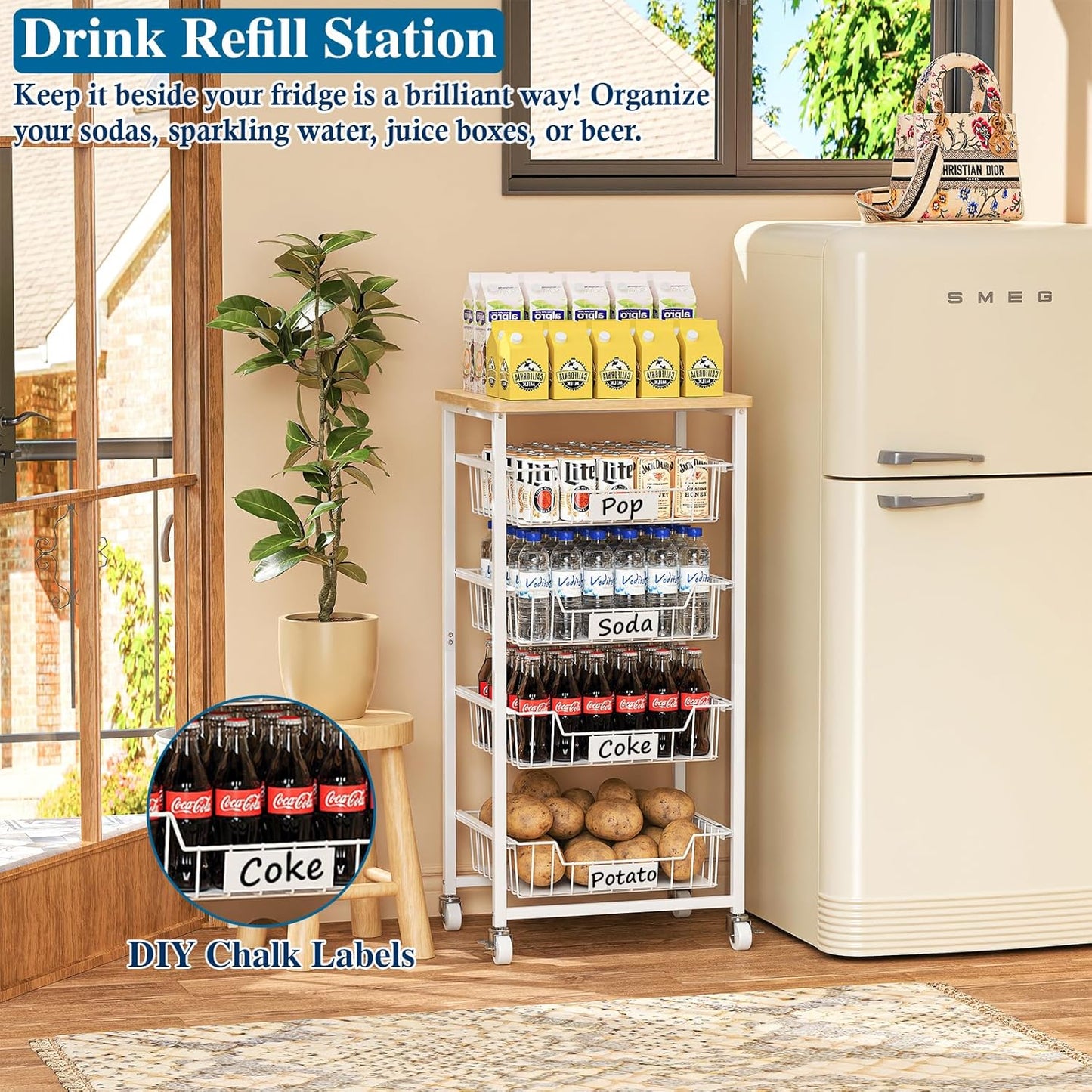 5-Tier Small Kitchen Storage Cart on Wheels with Pull-Out Drawers, Rolling Pantry and Snack Organizer Cart with Wood Top, Kitchen Floor Fruit Basket Stand for Fruit Potato Onion Veggie Snack