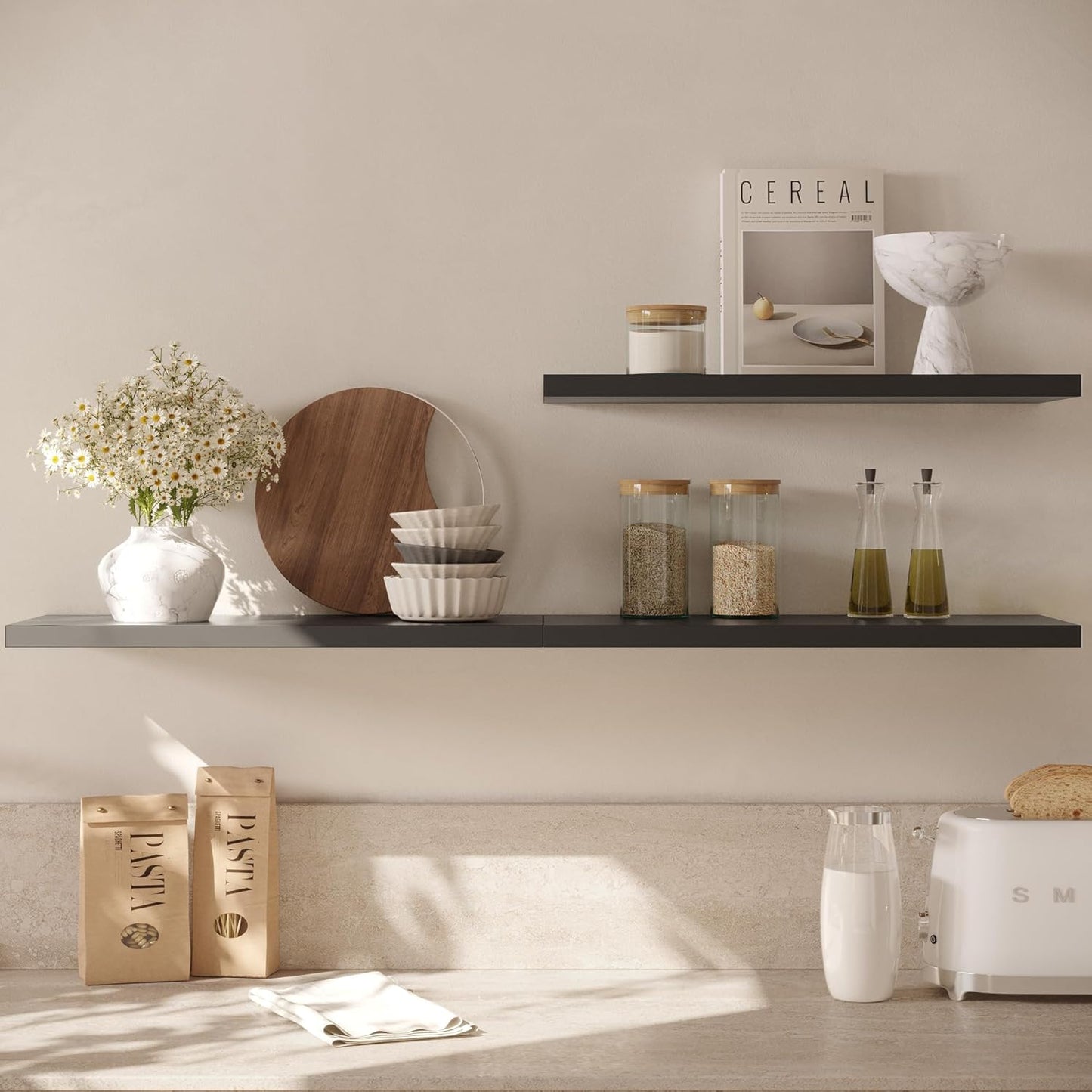 Wall Shelf Set of 3, Black Floating Shelves 24 in W x 10 in D x 1 in H, Wooden Floating Wall Shelf with Invisible Brackets for Living Room/Bedroom/Bathroom/Kitchen Storage and Decor