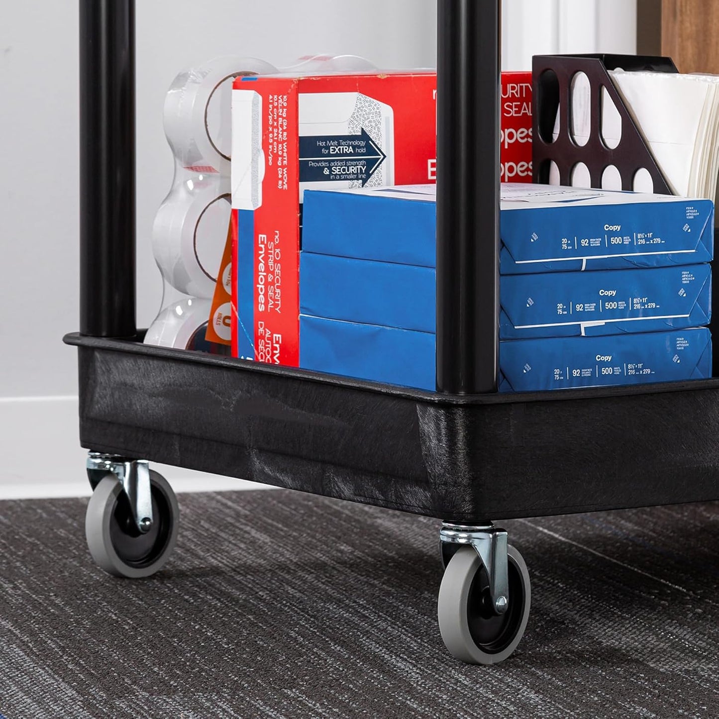 Stand Steady Tubstr Large 3 Shelf Utility Cart | Heavy Duty, Black HDPE & PVC, Holds Up to 300 lbs. | Storage & Rolling Tool Cart for School, Office, Garage & Warehouse