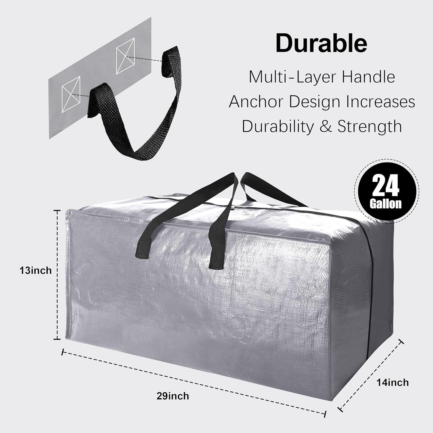 Heavy Duty Extra Large Moving Bags W/Backpack Straps - Strong Handles & Zippers, Storage Totes For Space Saving, Fold Flat, Alternative to Moving Box and Storage Bin (Set of 6, Silver)