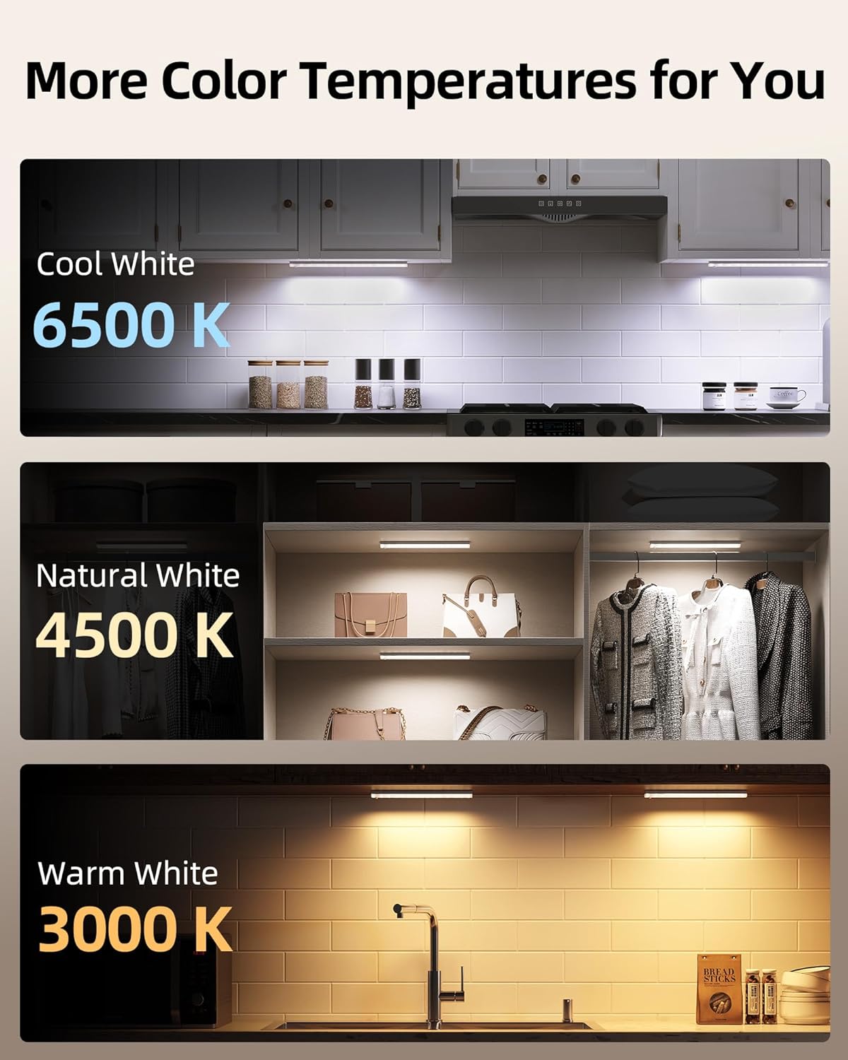 EZVALO 6-Pack Under Cabinet Lighting, 2000mAh Rechargeable Wireless Motion Sensor Lights, 62LEDs, 3 Color Temps, Dimmable, Timer, Magnetic, with Remote Control for Kitchen, Closet, Stair