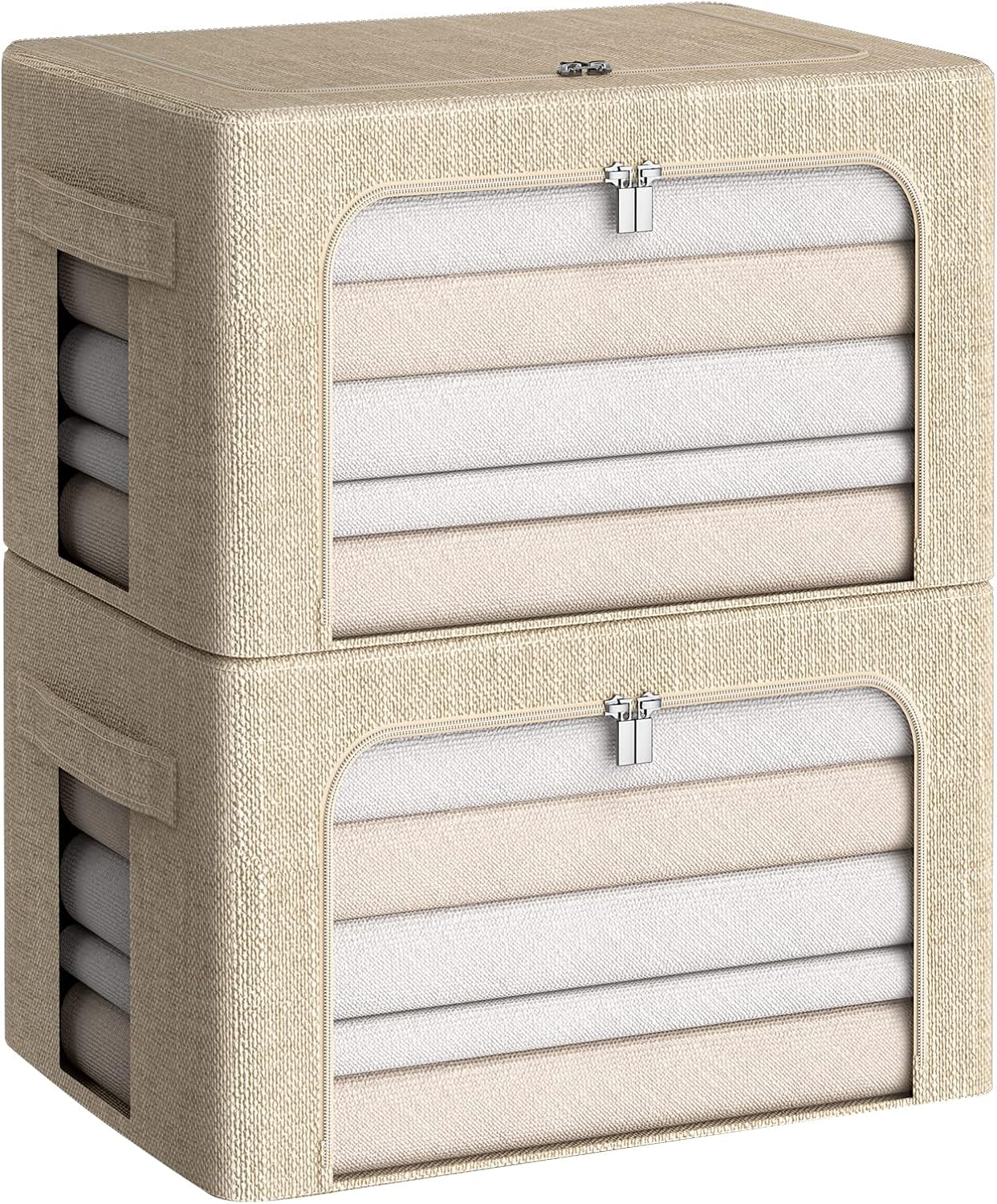 CYhom Clothes Storage Bins Box - Linen Fabric Foldable Stackable Container Organizer Set with Clear Window & Carry Handles & Metal Frame for Bedding, Blankets, Books (Beige, Medium-36L)