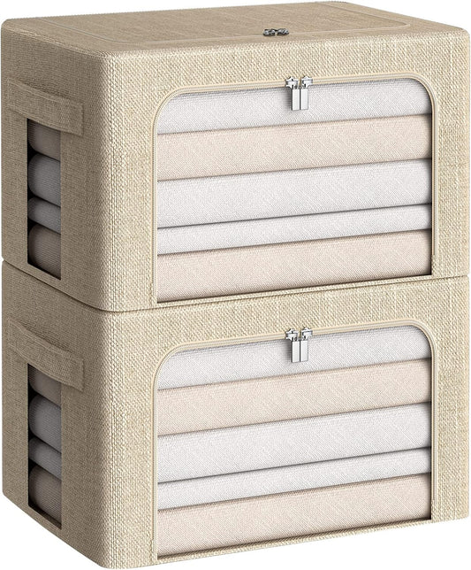 CYhom Clothes Storage Bins Box - Linen Fabric Foldable Stackable Container Organizer Set with Clear Window & Carry Handles & Metal Frame for Bedding, Blankets, Books (Beige, Medium-36L)