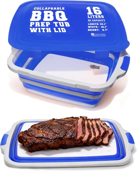 KITCHEN PERFECTION Collapsible XL Smoker & BBQ Prep Tub with Locking Lid & Cutting Board - Grill Caddy Container for Meat Marinating & Brine Perfect For Brisket, Turkey & Ribs - Best Gift For Men