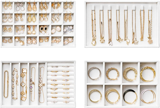 Velvet Jewelry Drawer Organizer Trays – White Stackable Jewelry Storage Inserts Set, 4-Layer Jewelry Tray Set for Earrings, Rings, Necklaces, Bracelets with Removable Dividers for Dresser & Vanity