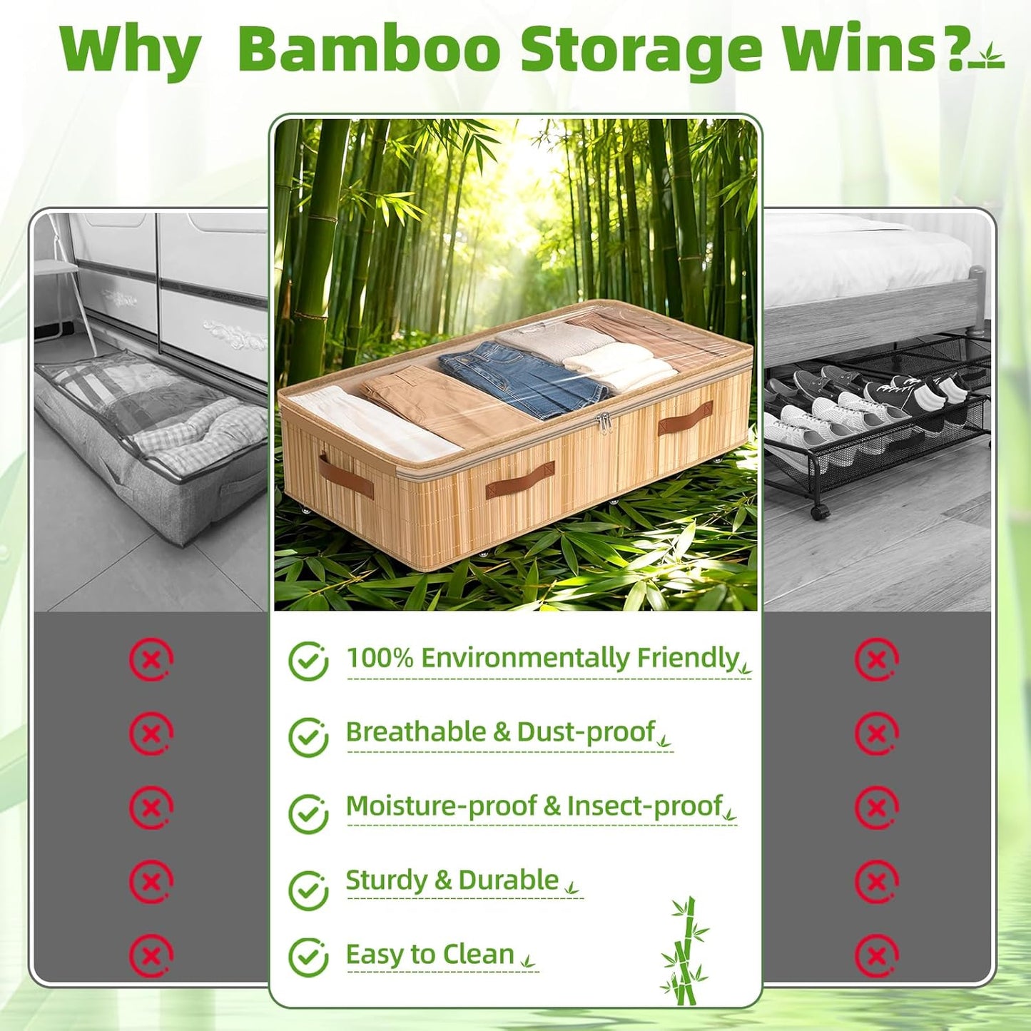 Livole 3 Pack Bamboo Under Bed Storage with Wheels, 6 inches Underbed Storage Containers, 56L XXL Rolling Under Bed Storage Bins with Clear Lid & Label for Clothes, Blankets, Sweater, Shoes