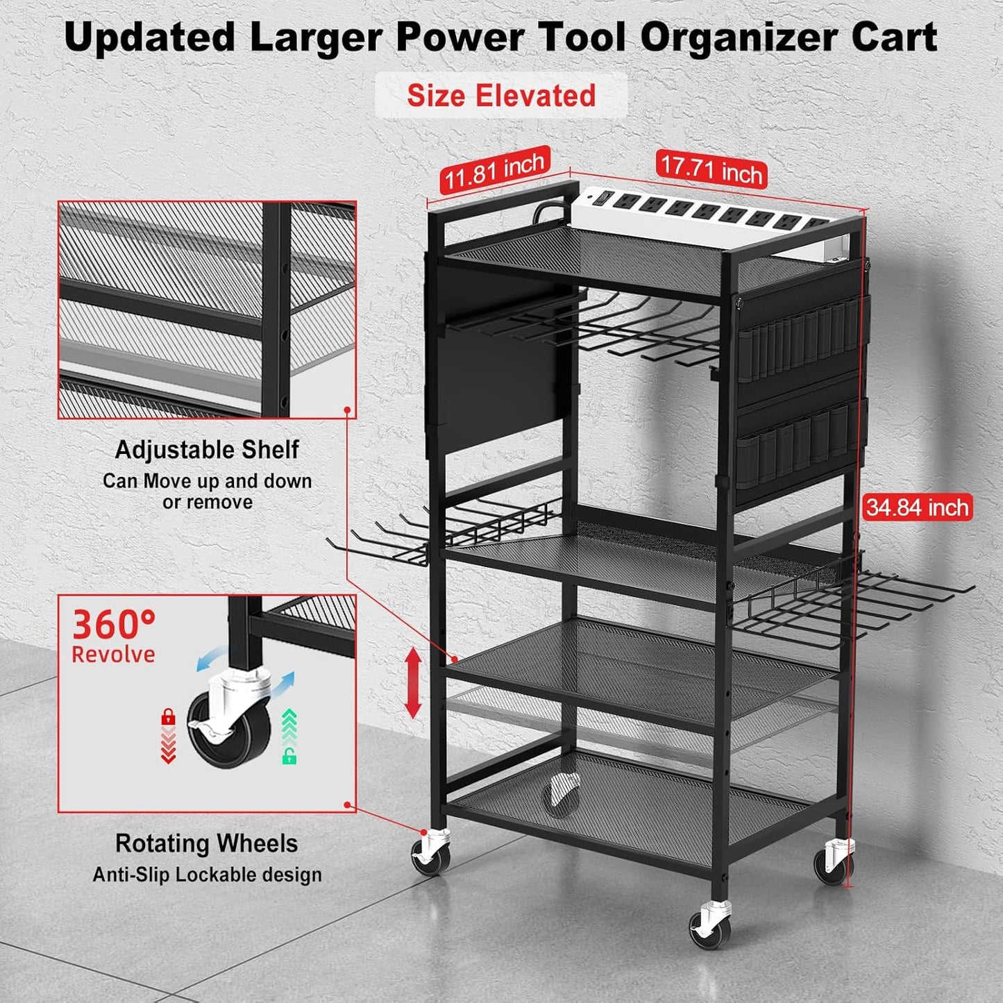 JUNNUJ Garage Large Power Tool Organizer Cart with 20A Charing Station, Heavy Duty Drill and Tools Battery Holder Storage Rack with 10 FT Power Strip, Floor Standing Rolling Tool Cart on Wheels, Black
