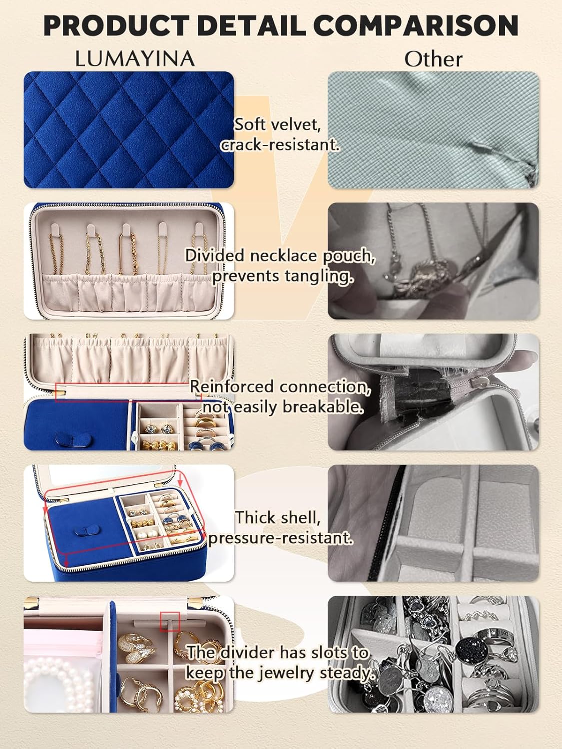 Velvet Travel Jewelry Box with Large Mirror, Double-Layer Jewelry Organizer Case for Women and Girls, Portable Storage Case with 6 Anti-Tarnish Bags Gift Ready for Her (Navy Blue)