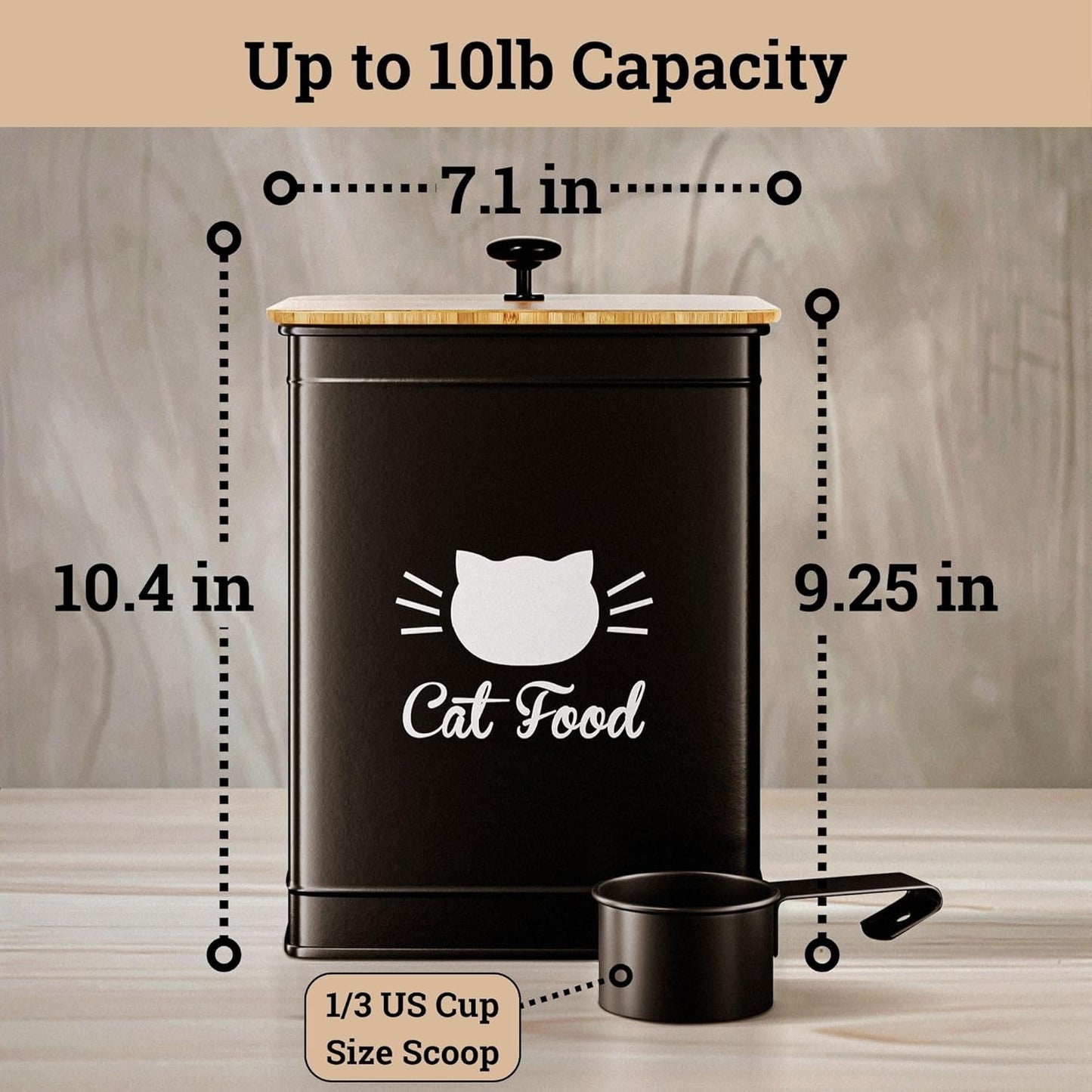 Cat Food Storage Container with Scoop - 5-7 lb (25 Cup) Capacity Metal Cat Food Container with Airtight Bamboo Lid and Metal Scoop - Airtight Pet Food Storage Containers 5 lb - 7 lb Kibble Container