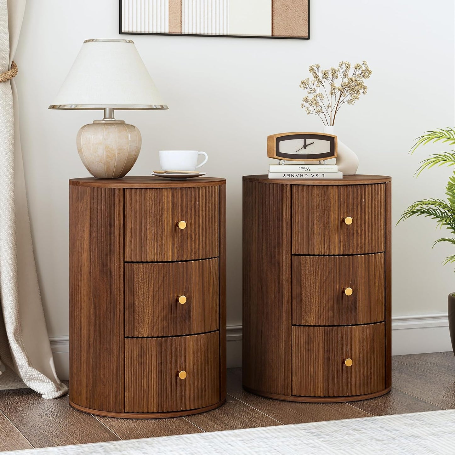 Fully Assembled Round End Table with 3 Storage Drawers, 15.75”Mid Century Side Table for Living Room, 3 Drawers Nightstand for Bedroom, Circle Sofa Bedside Table (Walnut-2 pcs)