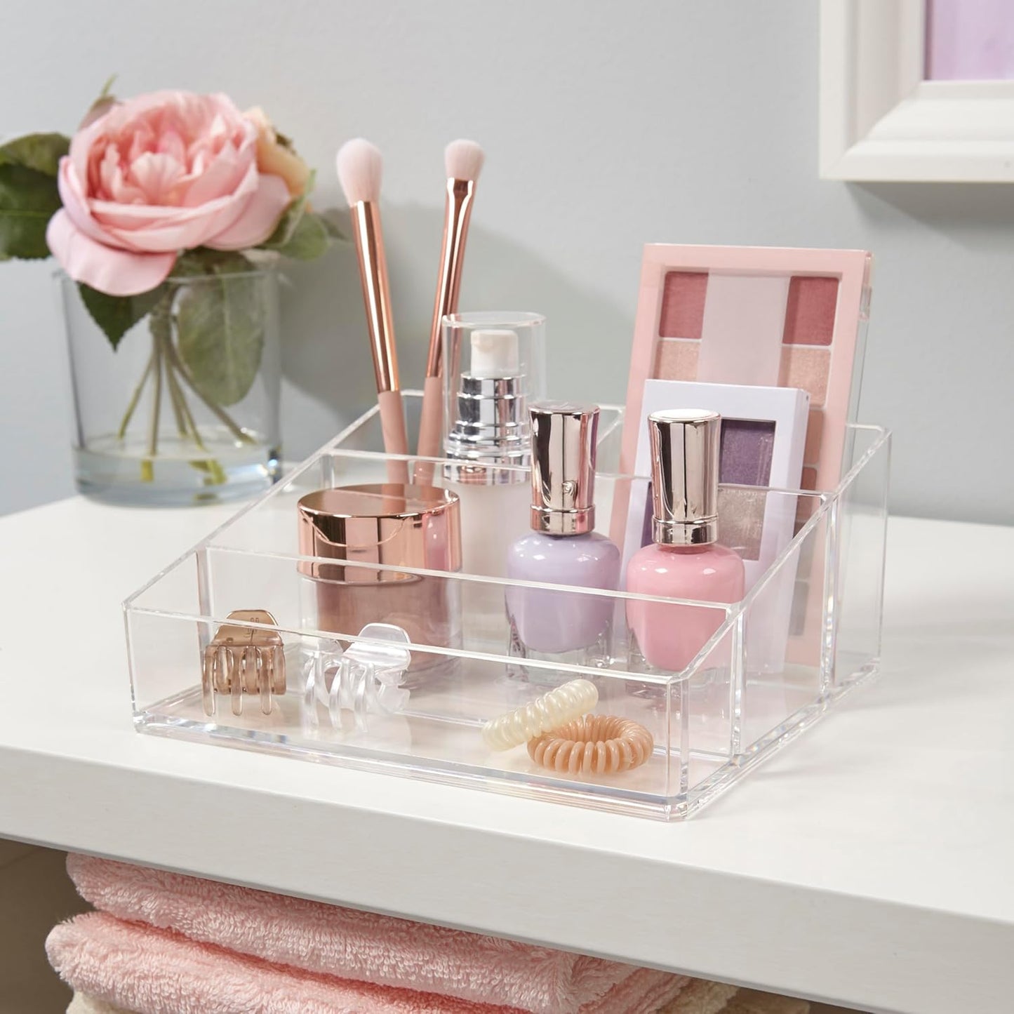 STORi Clear Plastic Small Countertop Vanity Makeup Organizer, Compact Rectangular 4-Compartment Holder for Brushes, Eyeshadow Palettes, & Beauty Supplies, Made in USA (Pack of 2)
