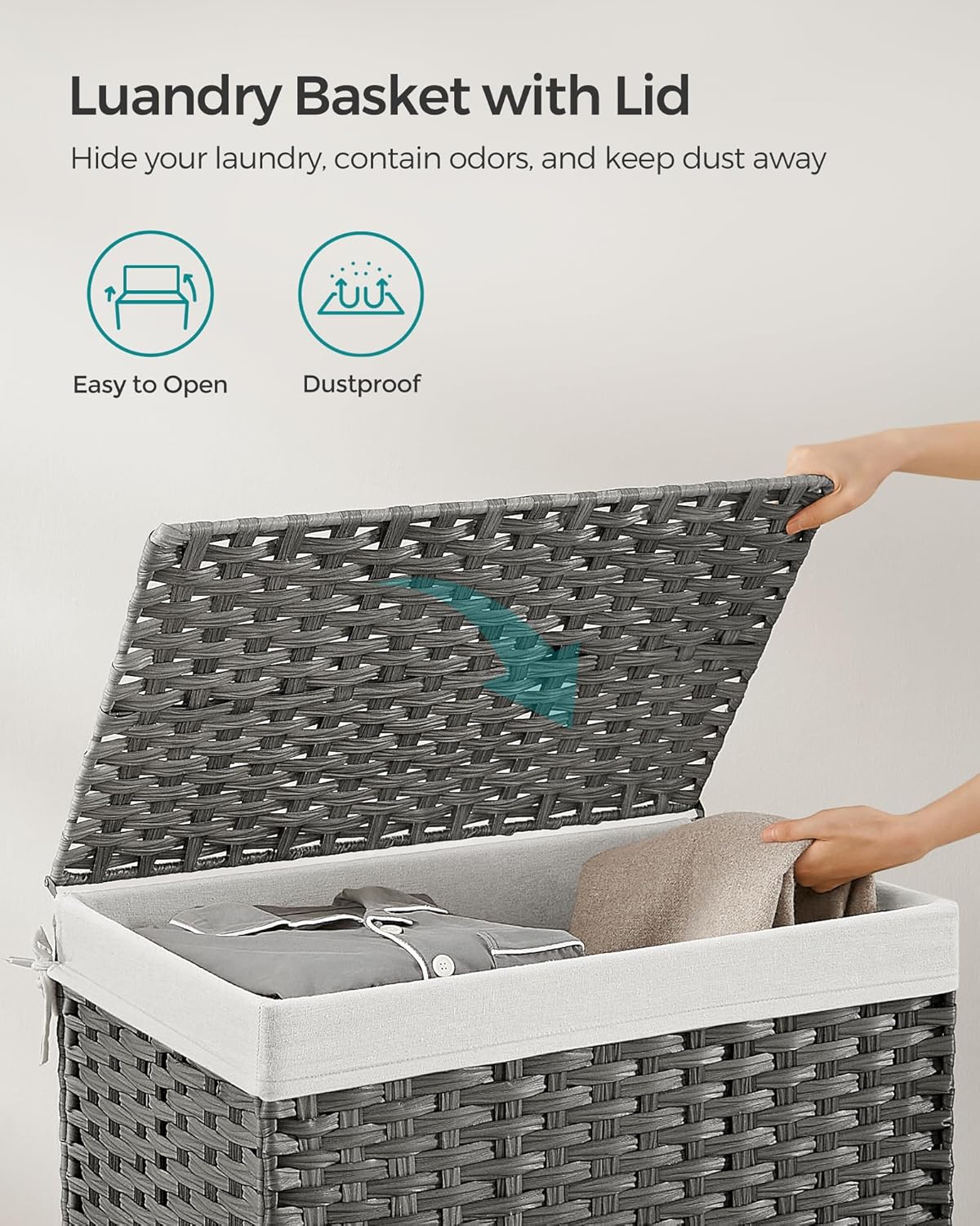 SONGMICS Storage Basket with Lid, Woven Blanket Storage Bin with Handles, Foldable, Removable Liner, Metal Frame, for Bedroom, Laundry Room, 27.7 Gallons (105 L), Gray URST066G01