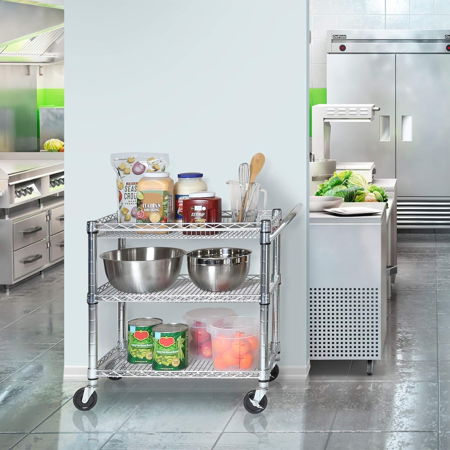 Seville Classics UltraDurable NSF Commercial Heavy Duty Metal Rolling Utility Cart, Handle Bar for Restaurant, Garage, Warehouse, Kitchen, Office, Deep Top Basket (34.8"W x 18.25"D)