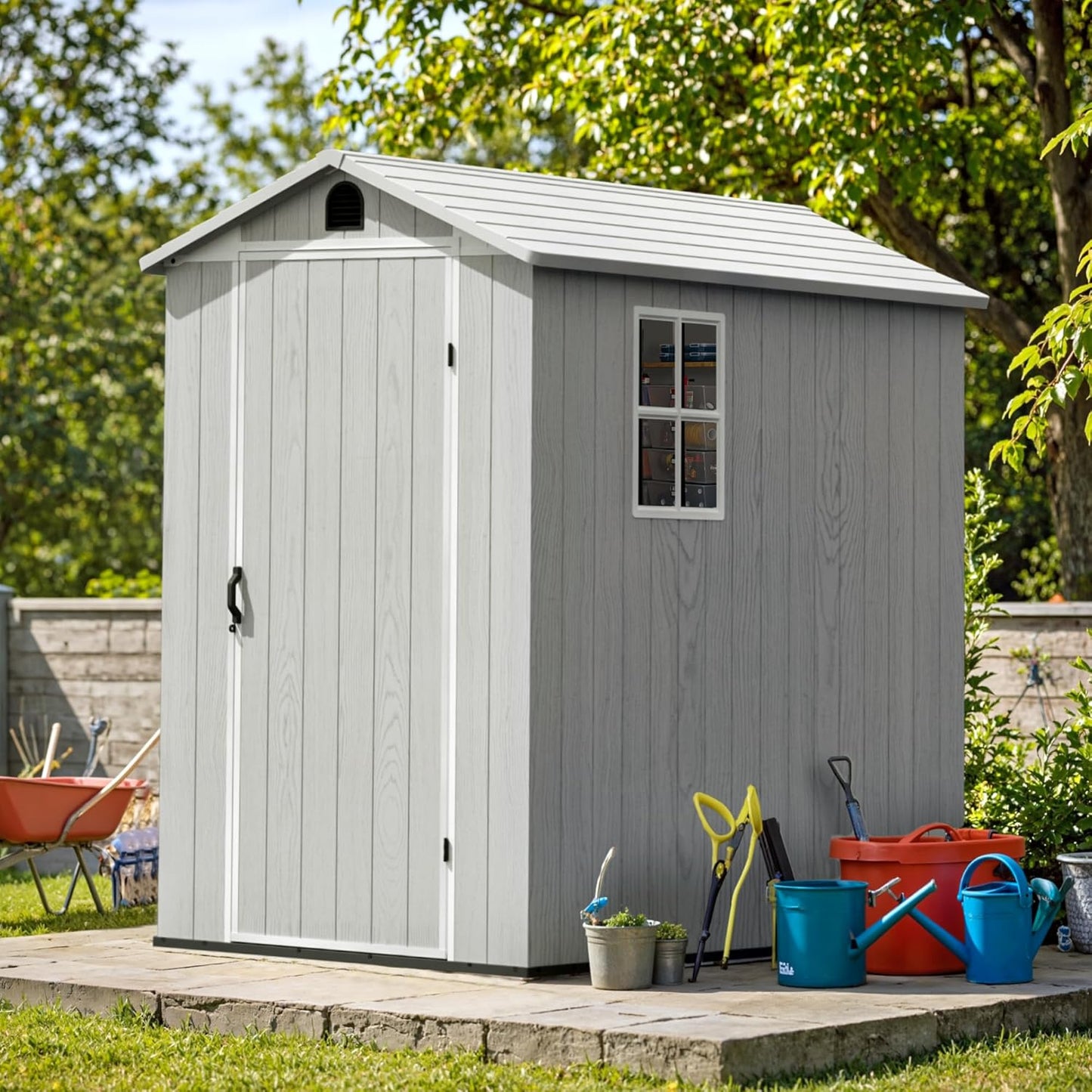 Greesum 4x6FT Plastic Outdoor Storage Shed with Floor, Resin Storaged Sheds with Lockable Door, All Weather Durable Tool Shed with Window and Vent, for Garden, Backyard, Patio, Light Gray