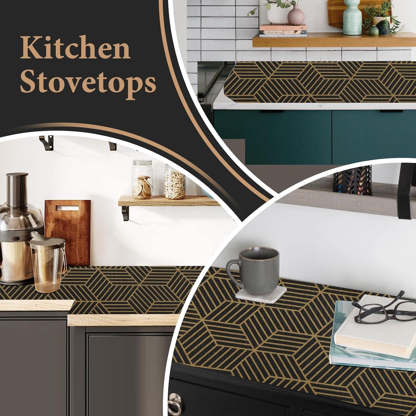 Shelf Liners for Kitchen Cabinets 17in x 30FT, Non Adhesive Cabinet Liner Strong Non-Slip Black Gold Geometric Drawer Liner, Easy to Clean for Shelf, Cabinet with Knife and Tape Measure