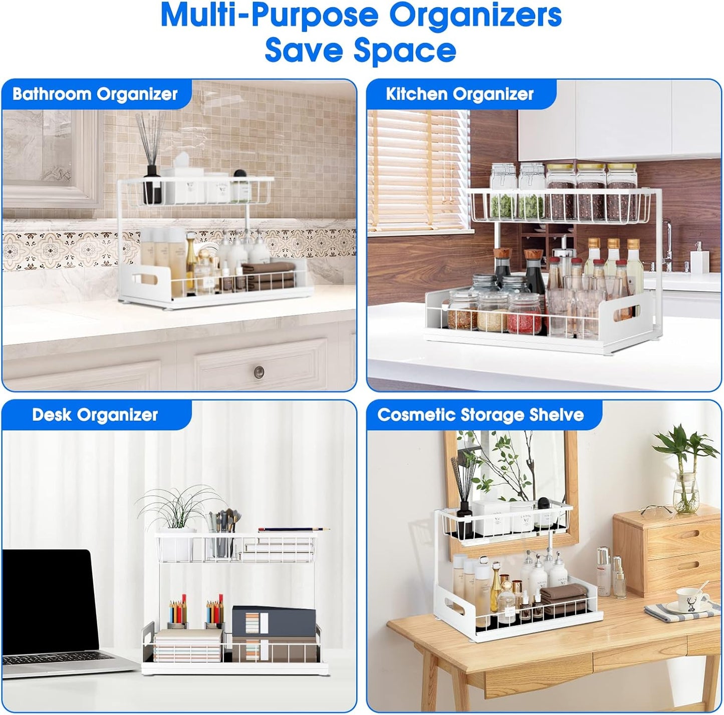 2 Pack Under Sink Organizer, 2 Tier Under Sink Organizers and Storage Multi-Purpose Under Sink Storage for Bathroom Kitchen (White)